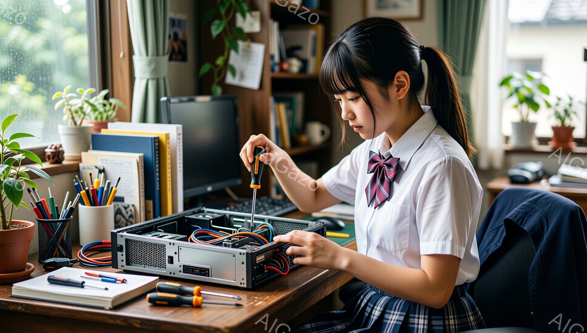 制服姿の若い女性が、机の上でパソコンのケースを開け、ドライバーを使って内部の部品を調整している。彼女は黒髪をポニーテールにし、真剣な表情で作業に集中しており、背景には本棚や植物が置かれた明るい部屋が広がっている。部屋の窓からは自然光が差し込み、落ち着いた学習環境を演出している。