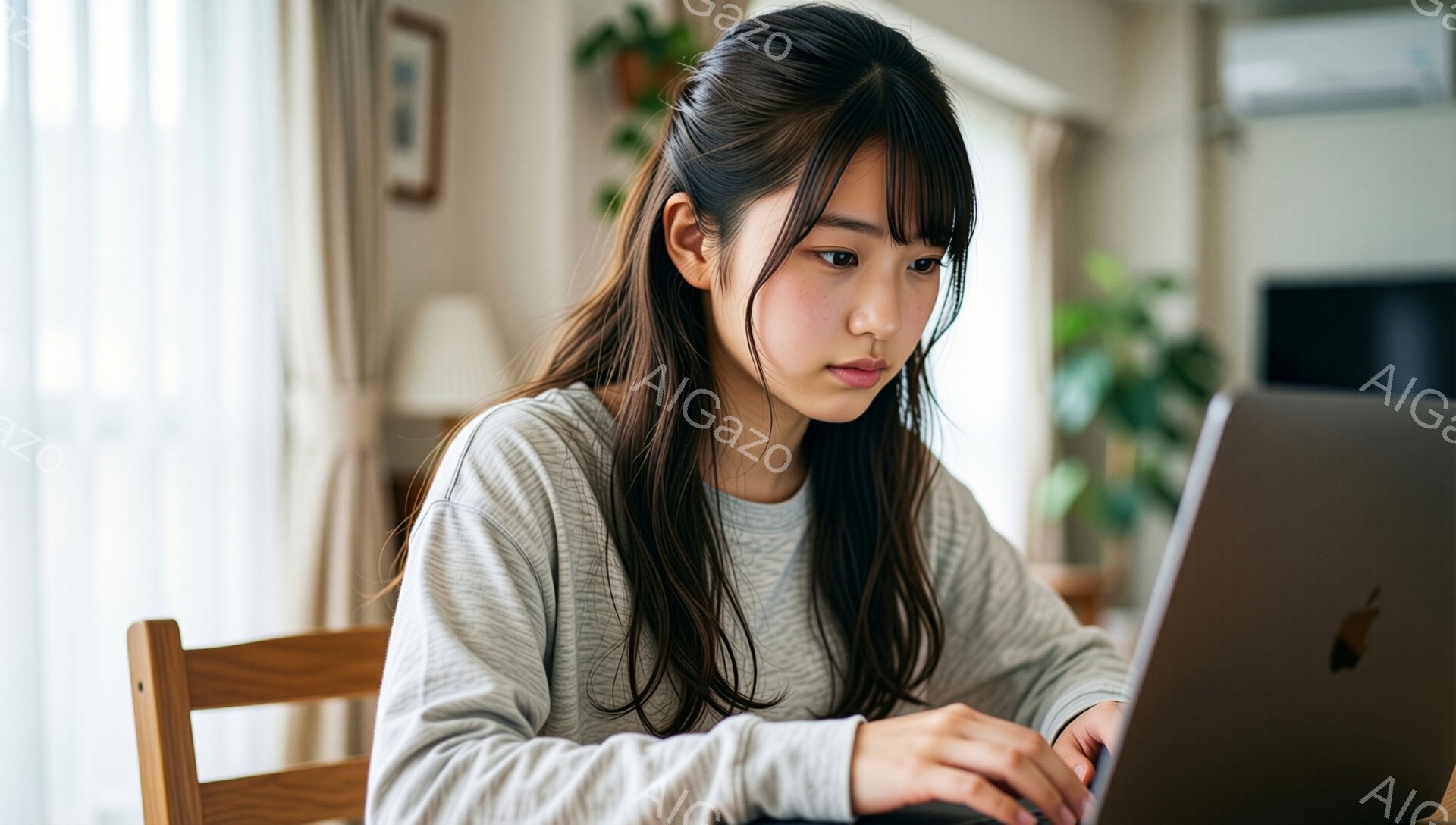 長い黒髪の女性が、明るい室内でノートパソコンを使用している。彼女はグレーの長袖シャツを着ており、少し眉間にしわを寄せた真剣な表情をしている。背景には窓からの自然光と、観葉植物が見え、落ち着いた家庭的な雰囲気が漂っている。