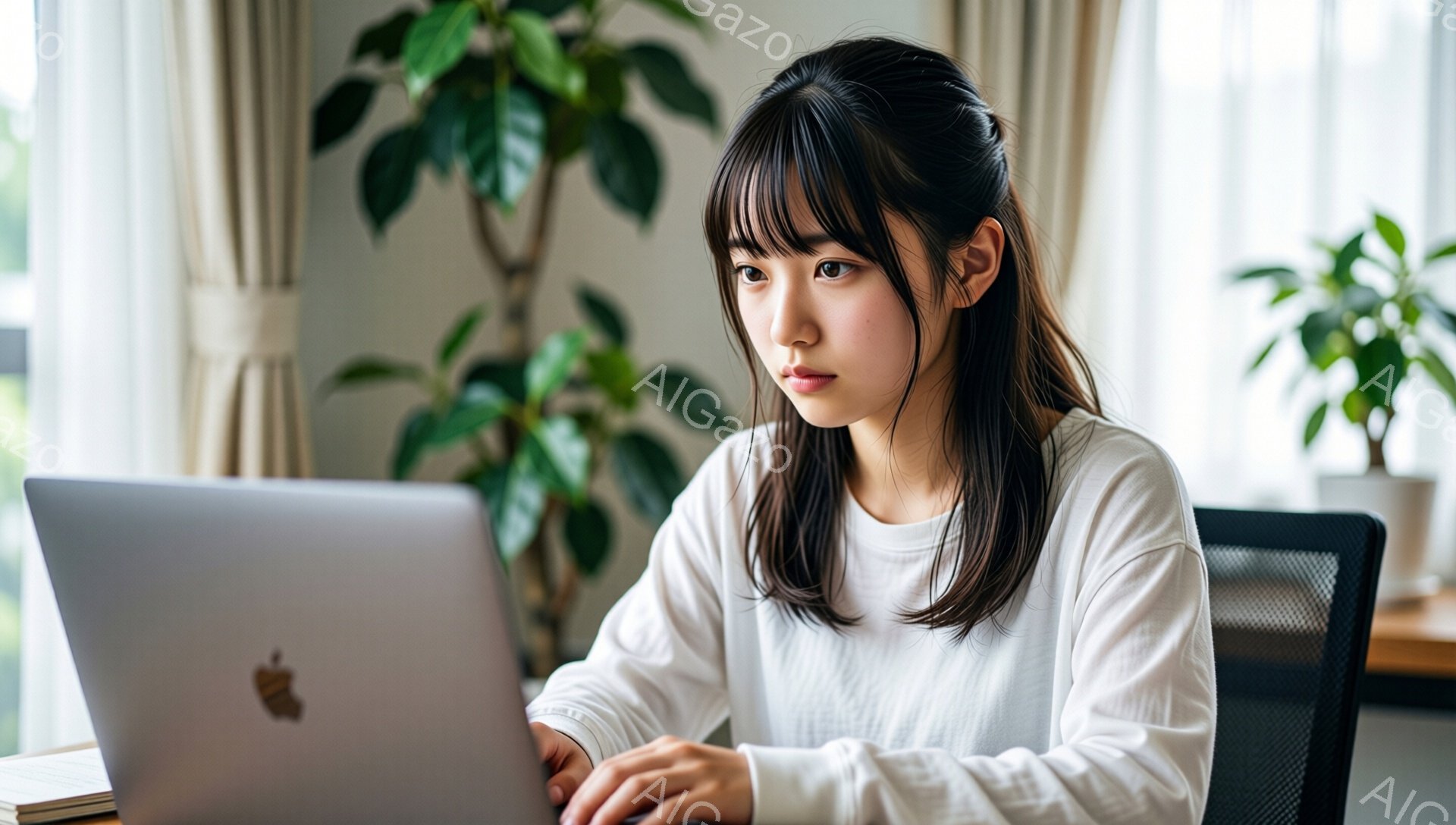 長い前髪と肩までの黒髪が特徴的な若い女性が、白いセーターを着てノートパソコンに向かっています。彼女は少し眉間にしわを寄せ、集中してキーボードを操作しており、真剣な表情を浮かべています。背景には植物や木 - AI生成フリー素材