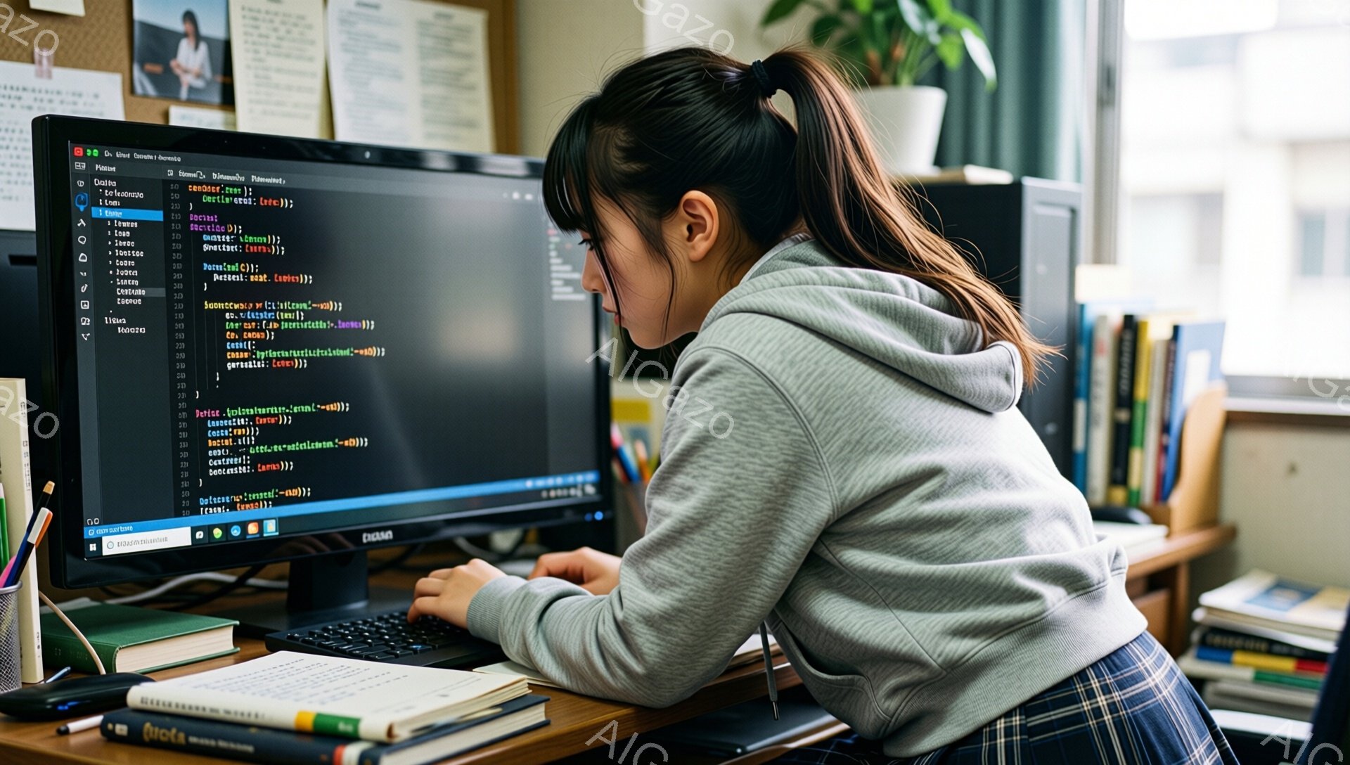 画像には、パソコンに向かってプログラミングをしている女性が写っています。彼女はグレーのセーターを着ており、長い髪を後ろでまとめています。集中した表情で画面を見つめており、モダンでミニマルなオフィスか自宅の一室で作業をしている様子です。