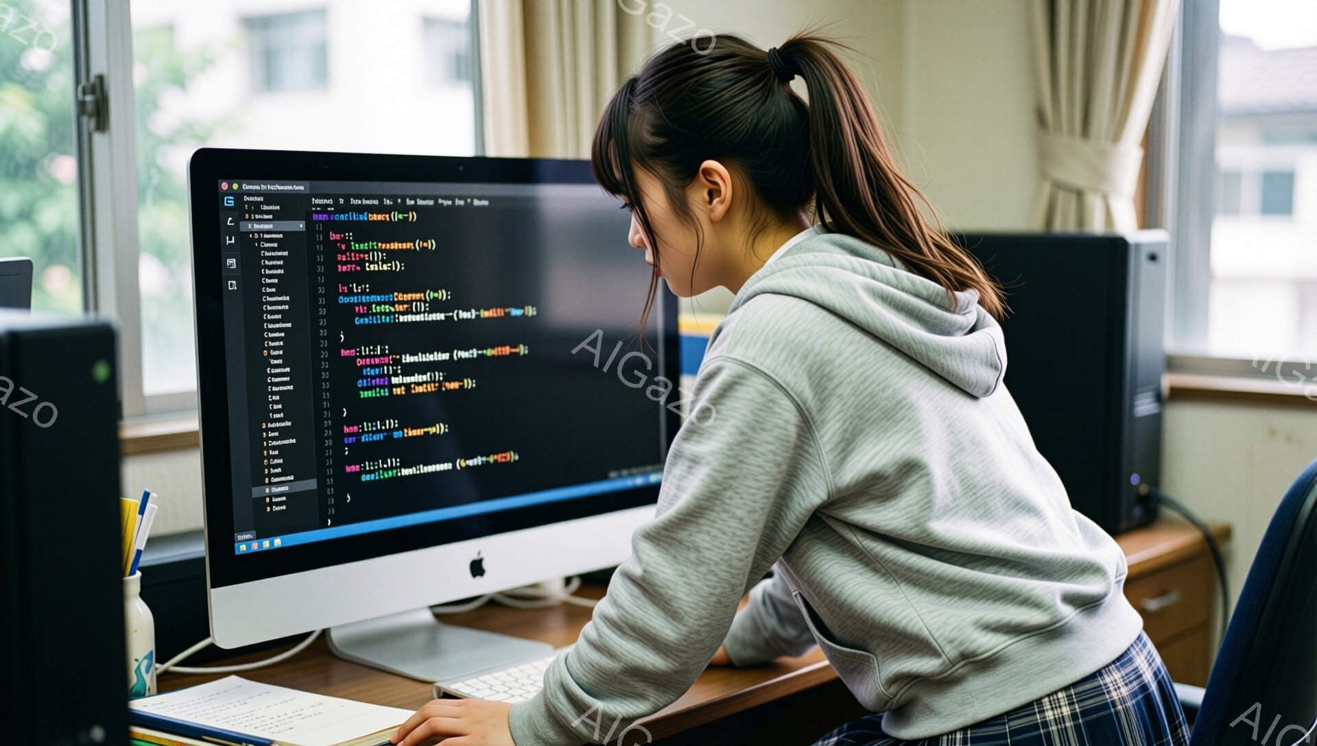 明るい室内で、若い女性がコンピュータの前に座ってプログラミングをしている様子が写っています。彼女はグレーのセーターを着ており、髪は後ろで一つにまとめられています。集中した表情で画面を見つめており、姿勢も真剣で、集中して作業に取り組んでいる雰囲気が伝わってきます。