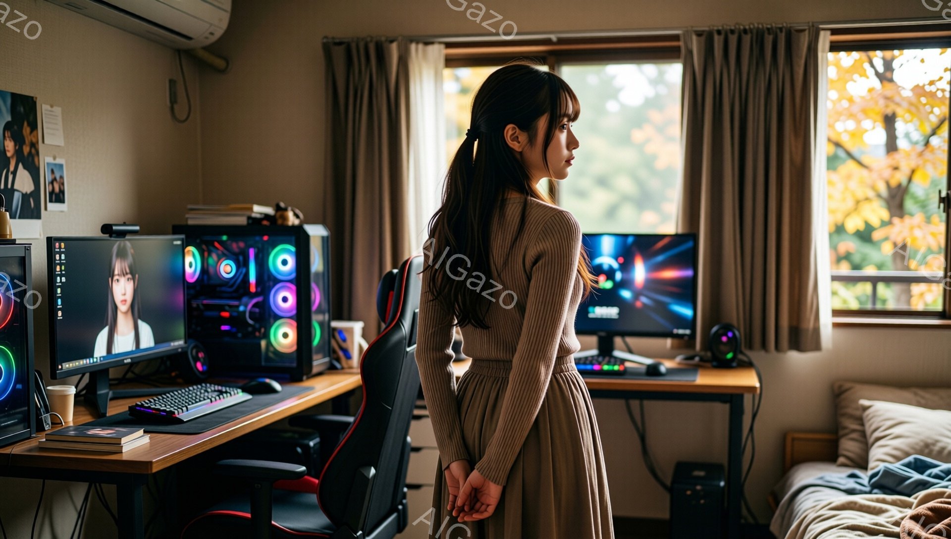 長い黒髪をポニーテールにした女性が、窓の外を見つめて立っている。ベージュのニットワンピースを着ており、両手を背中に当てている。部屋にはゲーミングPC、モニター、ヘッドホンなどが配置され、窓の外には紅葉した木々が見える、暖かく落ち着いた雰囲気の室内だ。