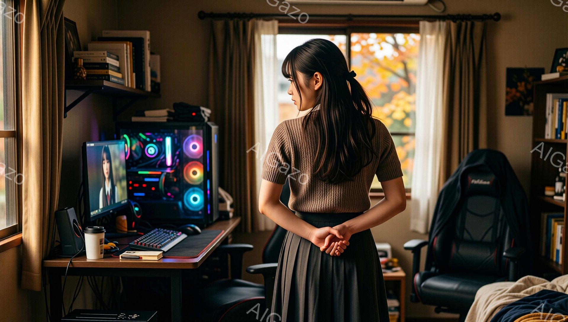 茶色の長袖ニットと濃いグレーのフレアスカートを身に着けた女性が、背中を向けて立っている。彼女の髪は後ろで一つにまとめられ、モニターを見つめているように見えるが、表情ははっきりとはわからない。背景には、高性能なゲーミングPC、机、そして窓から見える秋の紅葉が広がり、暖かく落ち着いた雰囲気を醸し出している。