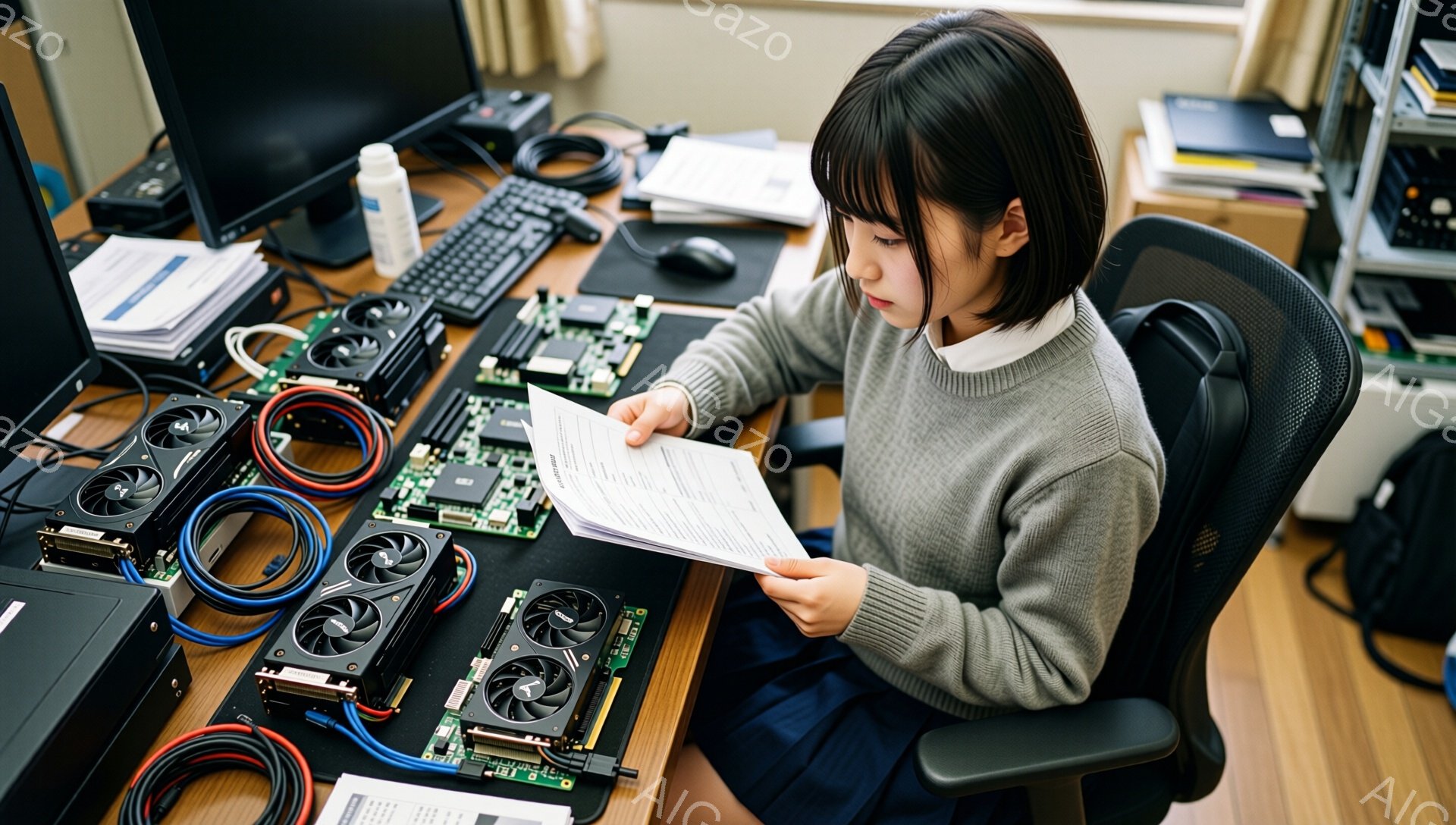 長い前髪に黒髪の女性が、PCの基盤やパーツが並んだ机の前で書類を読んでいます。グレーのセーターと紺色のズボンを着用し、少しうつむき加減で集中した表情をしています。背景にはPCや周辺機器が並び、作業部屋の一室であることがわかります。