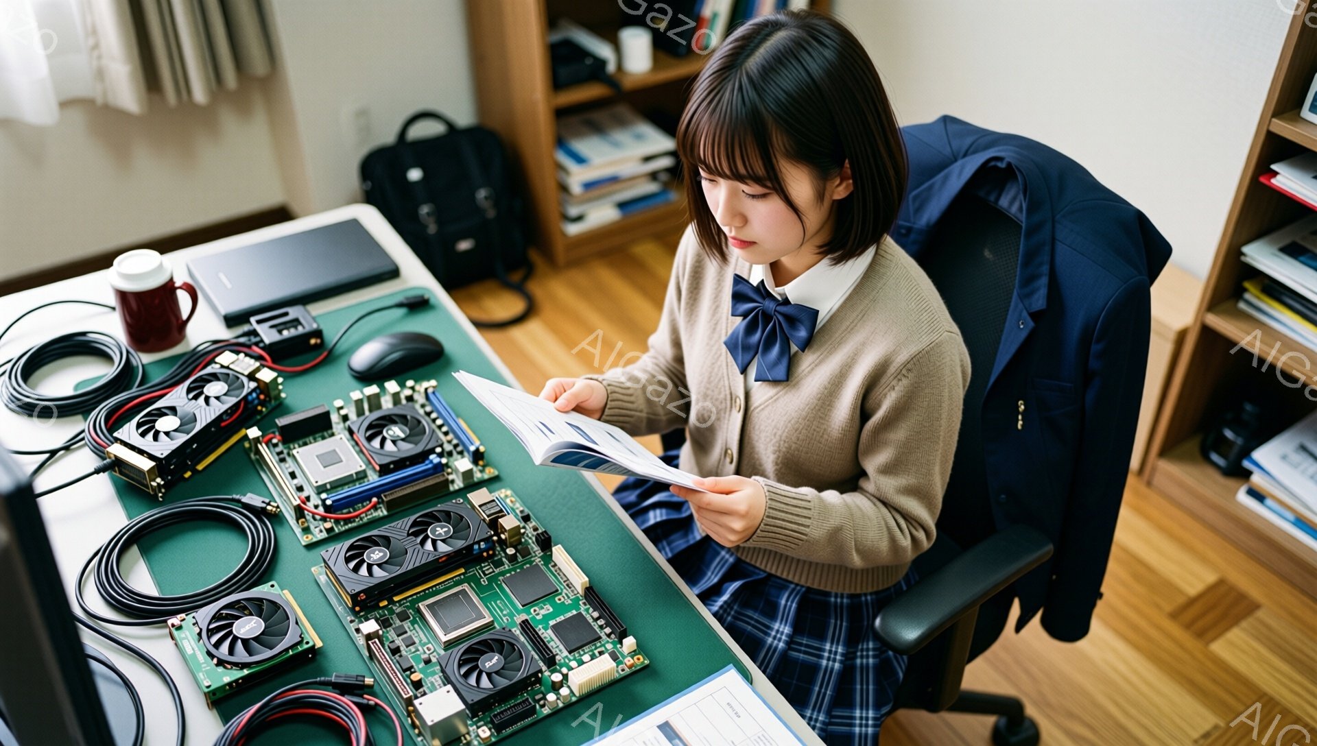 茶色のカーディガンとチェックのスカートを着た若い女性が、オフィスチェアに座って説明書を読んでいます。彼女は黒髪で、前髪が目にかかるように切られています。彼女の周りには、コンピューターのパーツである複数のグラフィックボードが並んでいます。