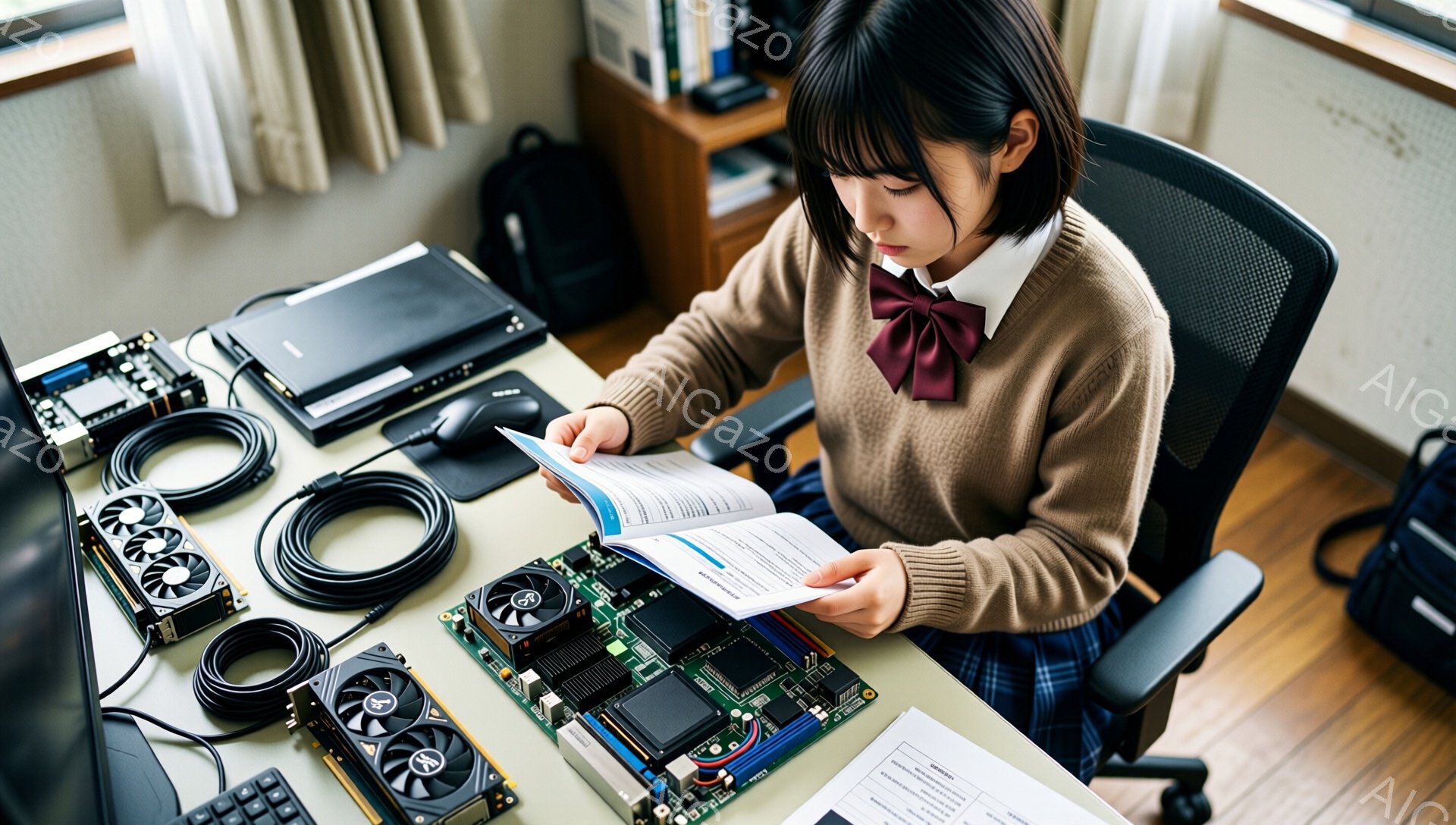 少女は制服を着て、机に向かって書類を読んでいます。彼女は茶色のセーターと紺色のスカート、そしてリボンをつけており、黒髪を肩まで伸ばしています。背景にはパソコンの部品やケーブルが散らばり、手前に木製の机 - AI生成フリー素材