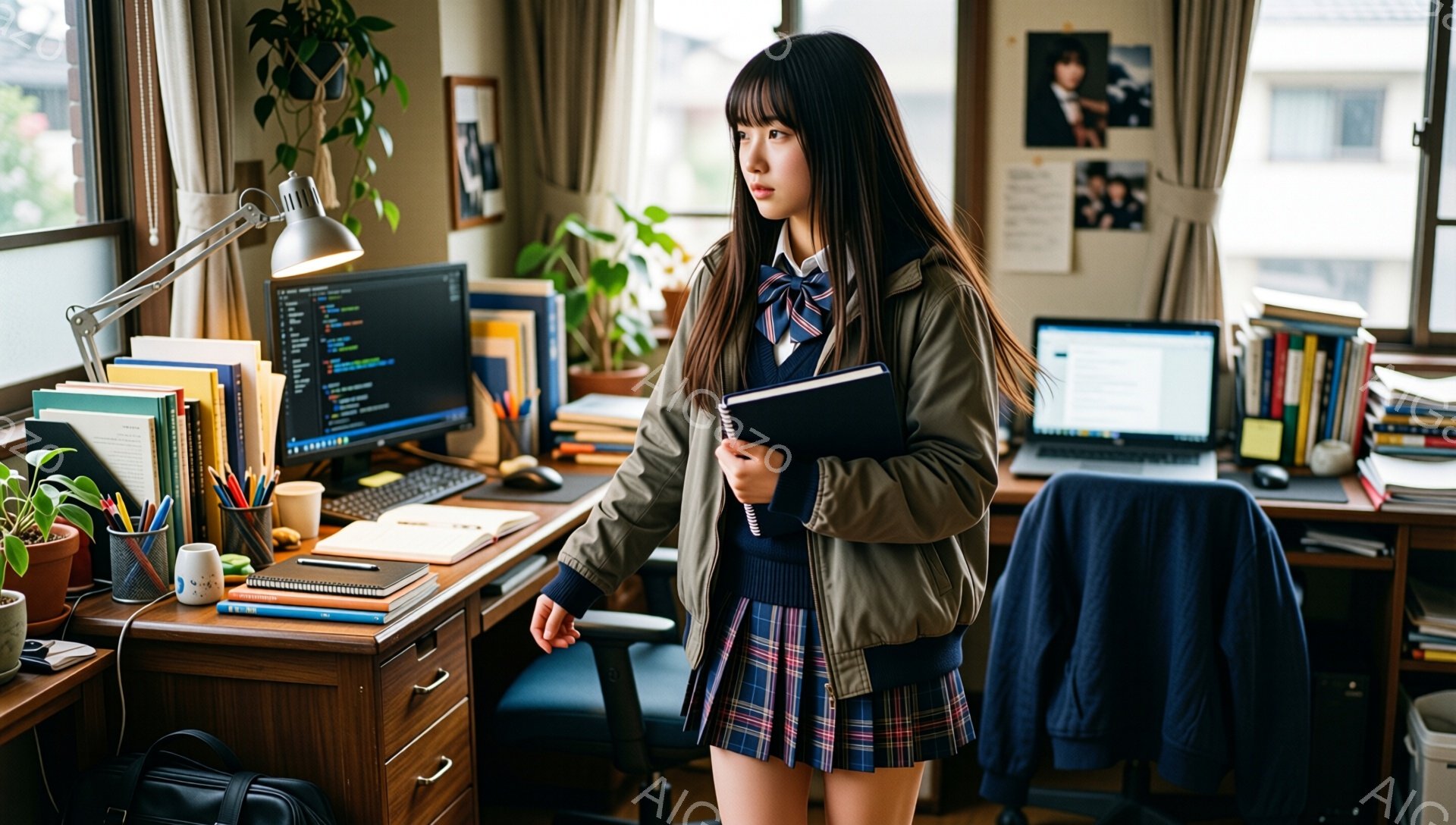 少女は制服を着て、緑色のジャケットを羽織り、左手にノートを持っている。彼女は少し顔を上げ、何かを考えているような表情をしている。背景には、勉強机、パソコン、本棚、そして植物があり、部屋全体が落ち着いた - AI生成フリー素材