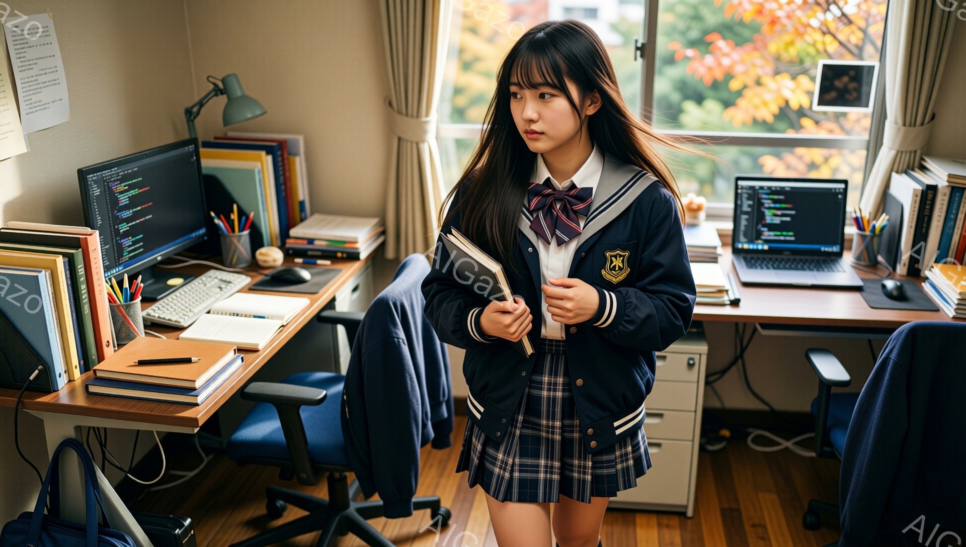 制服を着た若い女性が、部屋の中で本を抱えています。彼女は長いダークブラウンの髪を持ち、少し眉間にしわを寄せた表情をしています。背景には、勉強机、パソコン、そして窓から見える木々が見え、落ち着いた、勉強に集中している雰囲気が漂っています。