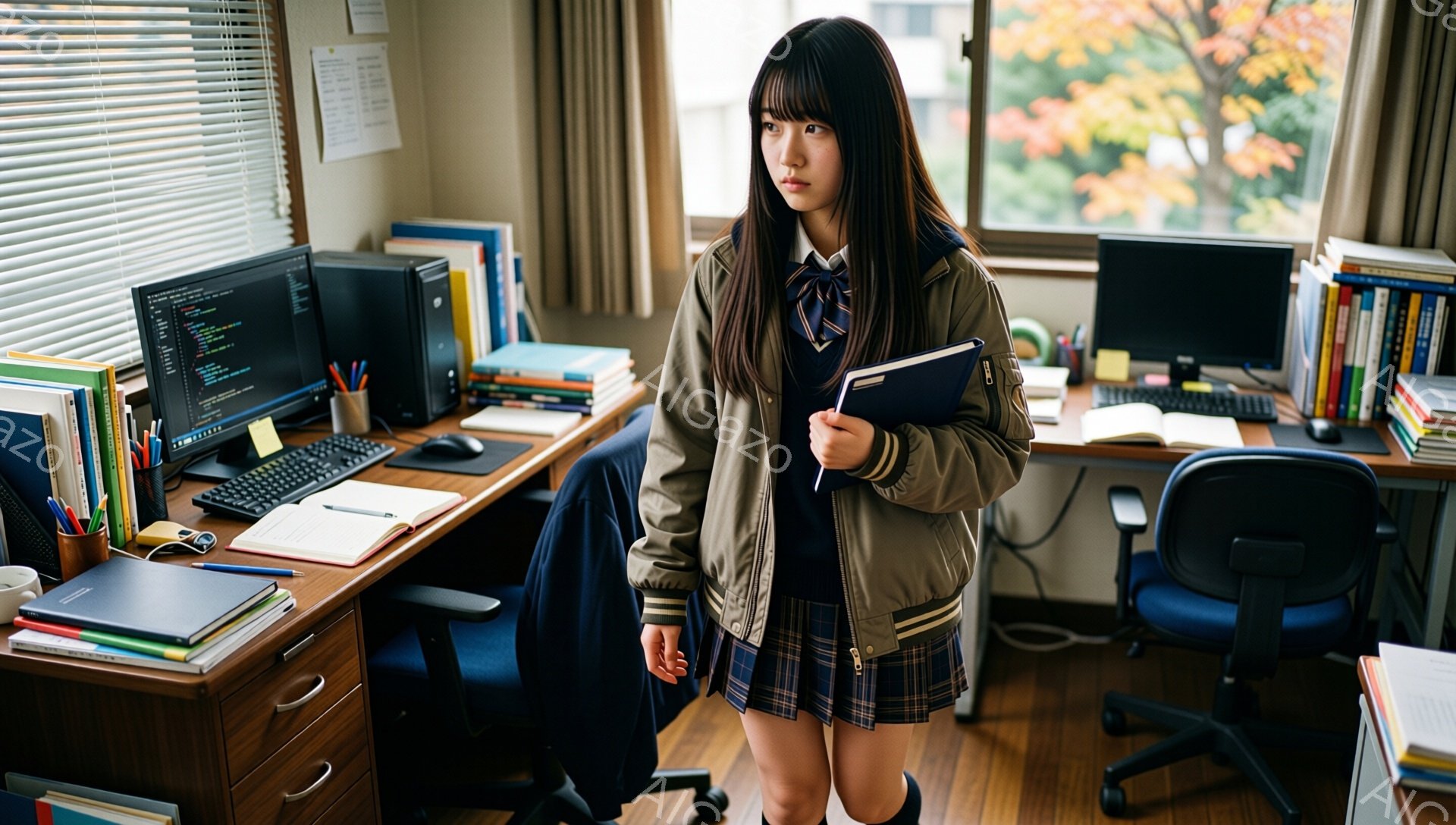 制服を着た若い女性が部屋の中に立っている。彼女はカーキ色のジャケット、チェック柄のスカート、濃い色のタイツを着用しており、黒髪で前髪を伸ばしたヘアスタイルをしている。彼女は本かノートのようなものを片手 - AI生成フリー素材