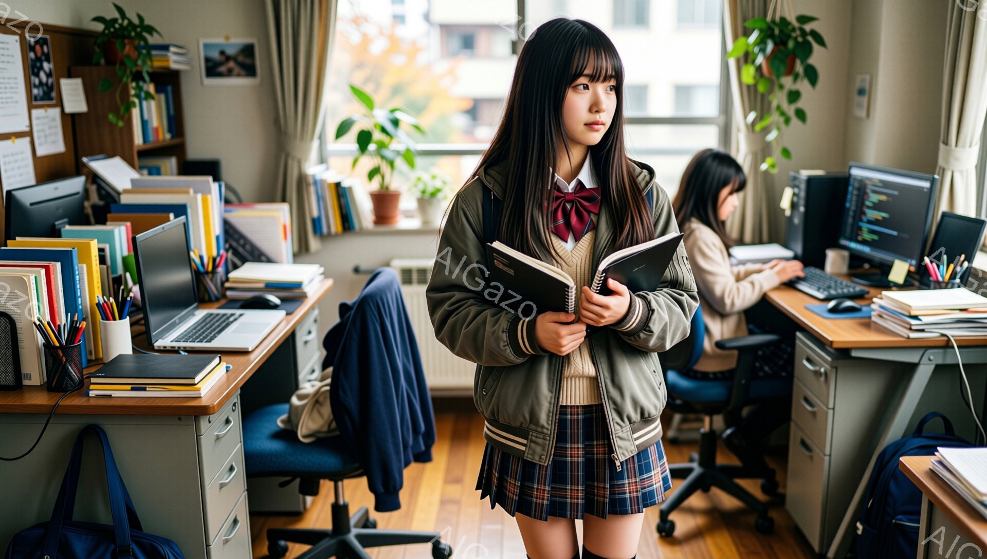 制服姿の女子学生が、両手にノートを抱え、少し考え込んでいるような表情で立っている。背景には、机やパソコンが置かれた教室らしき室内が広がり、窓の外には木々が見える穏やかな晴天の様子が伺える。全体的に、学習に集中しつつも、何かを思い悩んでいるような、少し切ない雰囲気が漂っている。