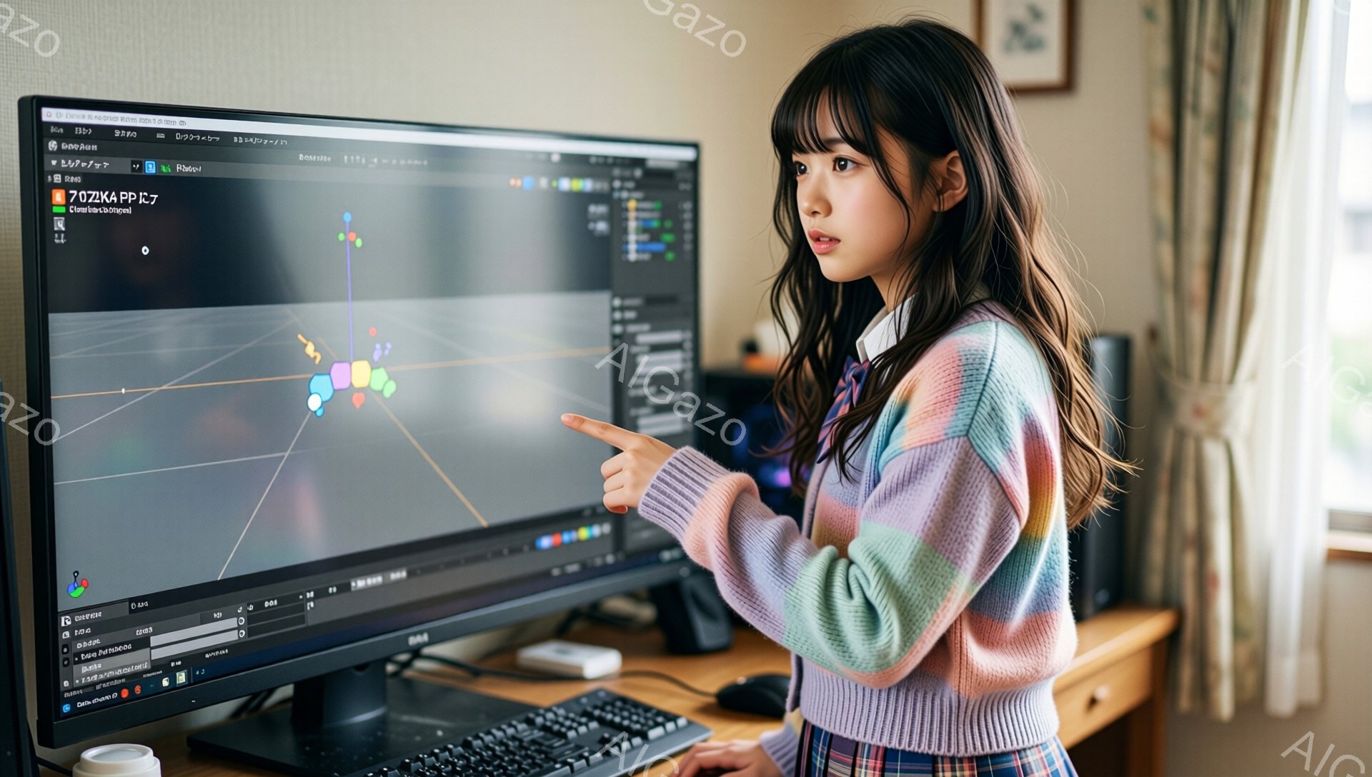 若い女性がコンピュータの前で立っており、画面を指差して何かを説明している様子です。彼女はピンクと紫のセーターに、紫色系のスカートを着用し、髪は肩までの長さで、前髪が少し流れています。背景には、PC周辺機器と、ぼやけた部屋の様子が見え、室内で作業に集中している雰囲気が伝わってきます。