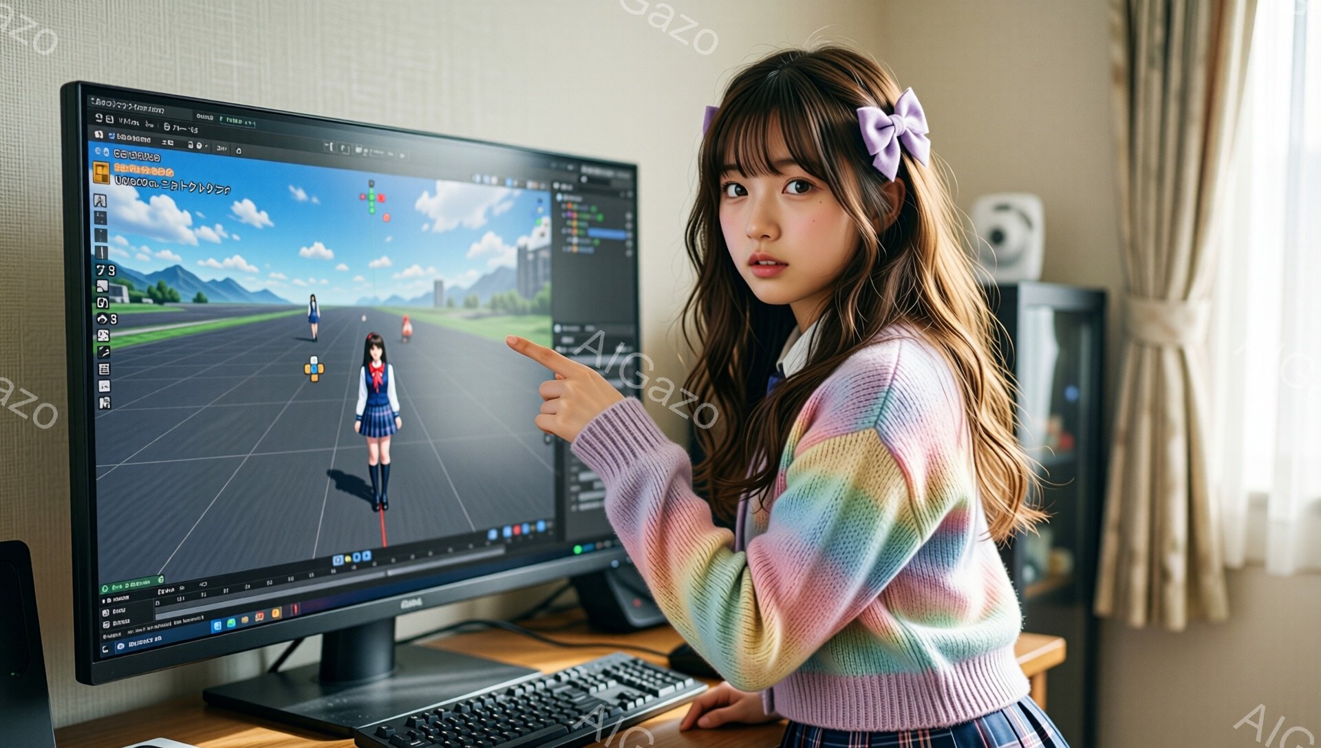 明るい茶髪で、前髪はぱっつん、サイドにはリボンがついた女の子が、コンピューターの画面を指差している。カラフルな虹色のセーターと、チェック柄のスカートを身に着けており、活発で可愛らしい印象を与える。背景にはモニターやキーボード、スピーカーなどがあり、部屋の一室で作業をしている様子が窺える。