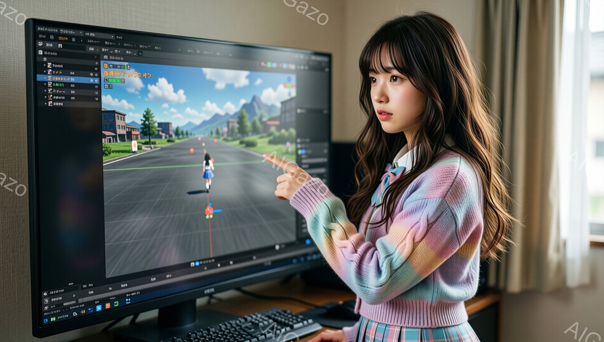若い女性がモニターの前で立っており、片手を上げてモニターの画面を指し示しています。彼女はピンクと白のニットセーターと、緑色のプリーツスカートを着用し、髪は肩まで届く長さで内側にカールしています。モニターには、緑豊かな風景と建物が表示されており、まるでゲーム制作または編集を行っているかのようです。