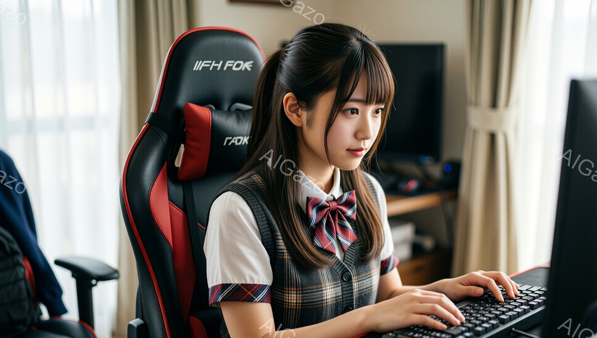 若い女性がゲーミングチェアに座り、キーボードを操作している。彼女はチェック柄のベストと白いシャツ、リボン付きのネクタイを着用し、髪はポニーテールにしている。背景にはぼやけた部屋の様子が見え、全体的に集 - AI生成フリー素材