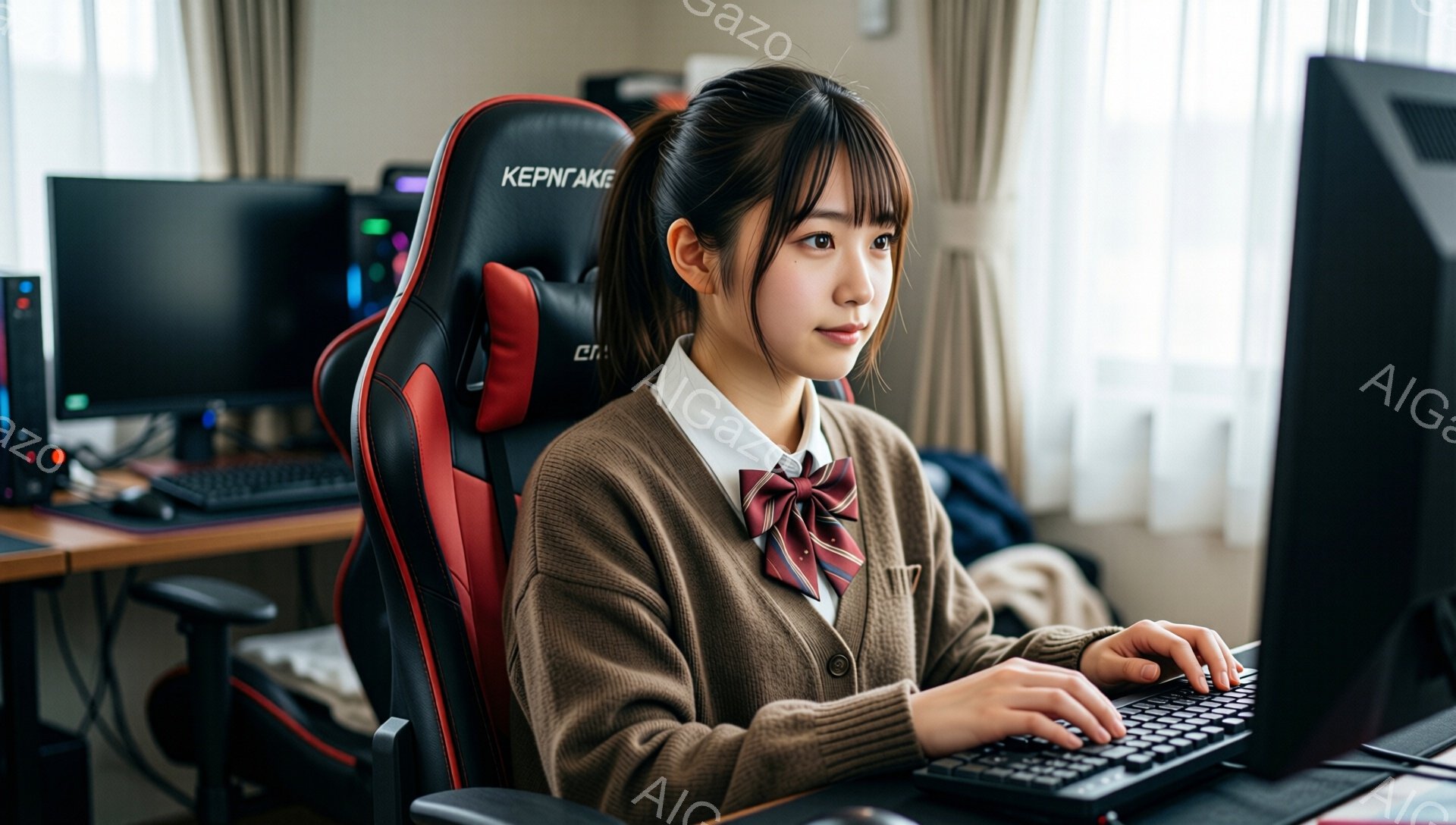 画像には、茶色のカーディガンと白いシャツ、そしてリボン付きのスカートを着た若い女性が写っています。彼女はゲーミングチェアに座り、キーボードを操作しており、わずかに微笑んでモニターを見つめています。背景には、複数のモニターとPCが配置されたゲームルームのような空間が広がっています。