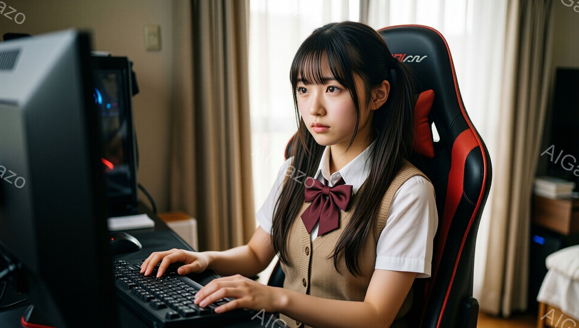 茶髪の長い髪をセンターパートにした若い女性が、ゲーミングチェアに座ってコンピューターに向かっている。彼女はベージュのベストと白いシャツ、赤いリボンタイを着用しており、真剣な表情でキーボードを操作している。背景には明るい壁と家具が見え、室内でゲームをしている様子が伺える。