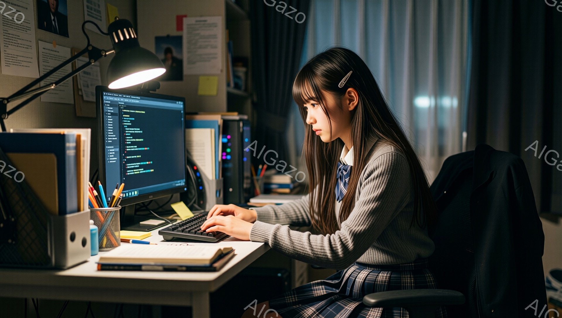 制服を着た若い女性がパソコンに向かってキーボードを操作している。彼女はロングヘアで、サイドにヘアピンをつけており、画面に集中した真剣な表情をしている。背景には本棚や文房具が置かれた机があり、全体的に落ち着いた夜の学習風景が描かれている。