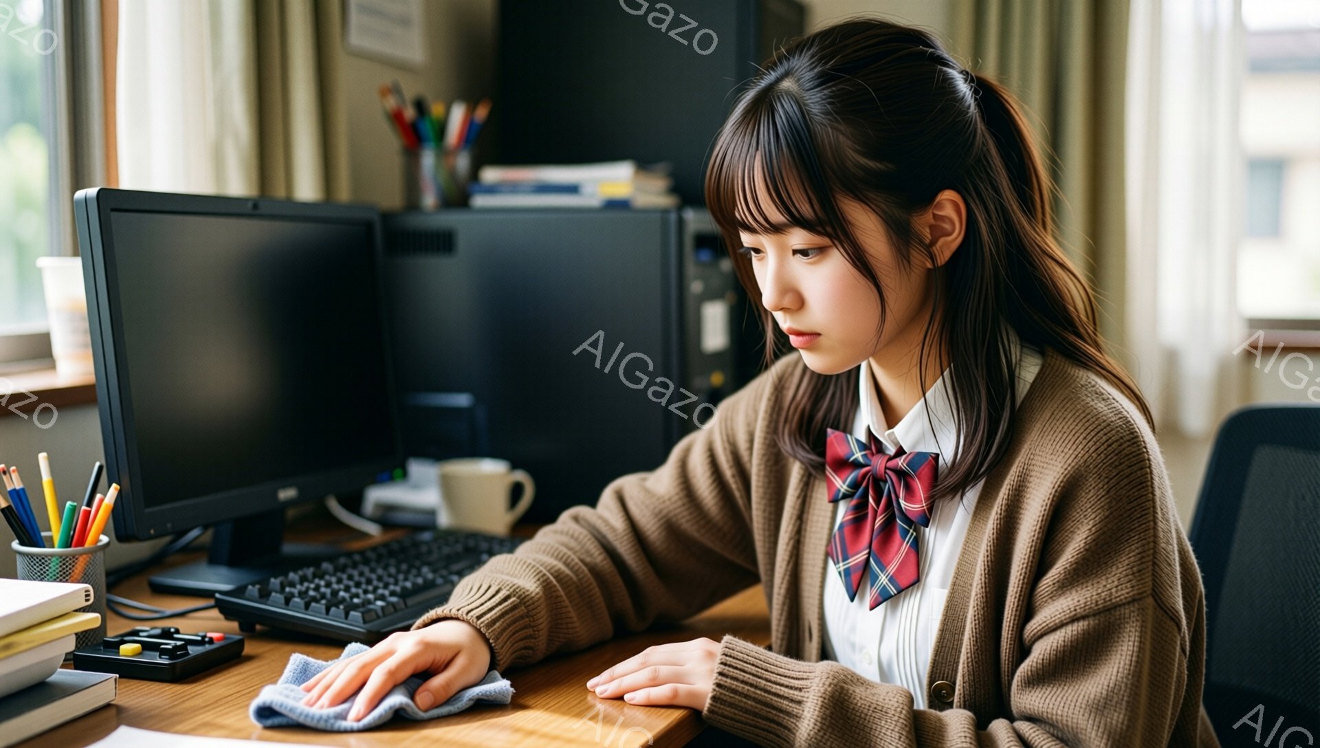 茶色のカーディガンを着た若い女性が、机の上のキーボードを拭いています。彼女は白いシャツにチェック柄のネクタイを締め、前髪を下ろしたヘアスタイルで、真剣な表情で作業に取り組んでいます。背景には、ペン立て、本、パソコン、そして窓から見える木々が見え、落ち着いた雰囲気の部屋で勉強や仕事をしている様子が伺えます。