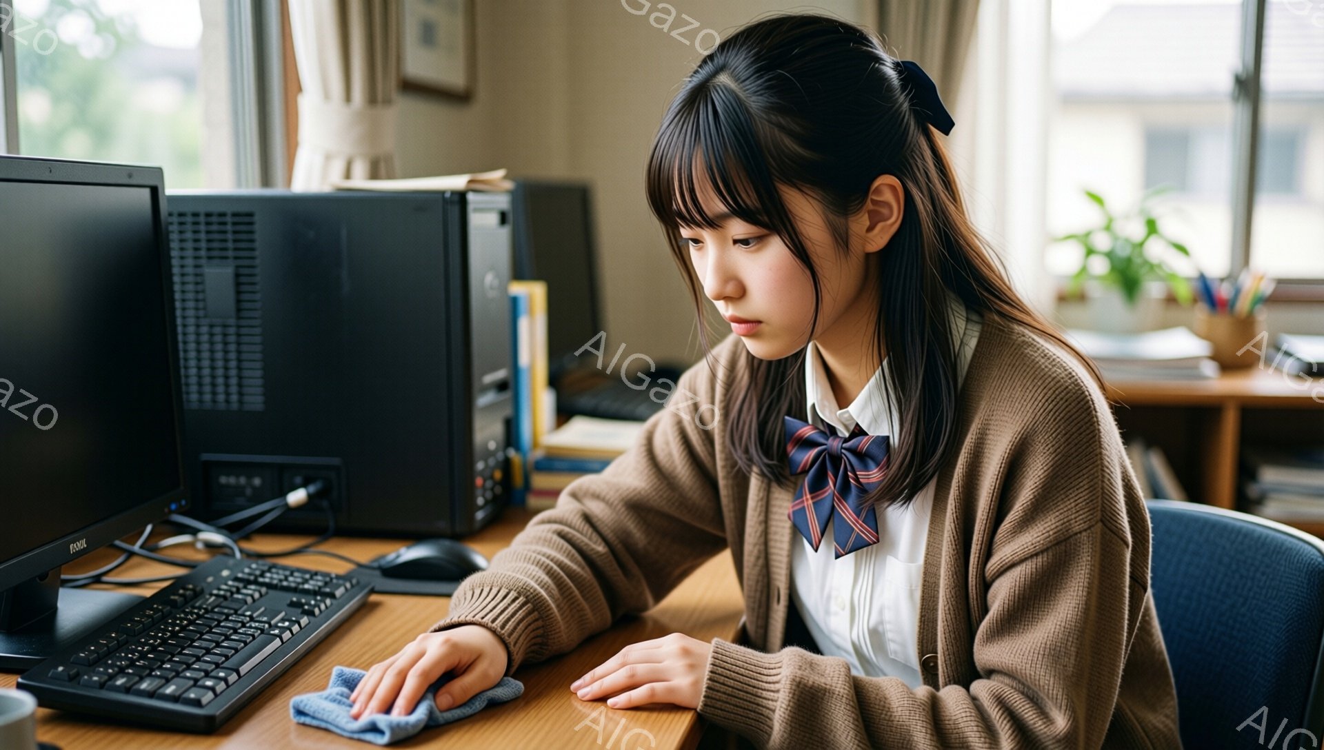 画像には、茶色のカーディガンと白いシャツ、ネイビーブルーのネクタイを着用した若い女性が写っています。彼女は机の前に座り、パソコンのキーボードを拭き掃除をしており、少し眉間にしわを寄せた真剣な表情をしています。背景には、本棚や植物、そして窓から差し込む自然光が見え、部屋全体が落ち着いた雰囲気です。