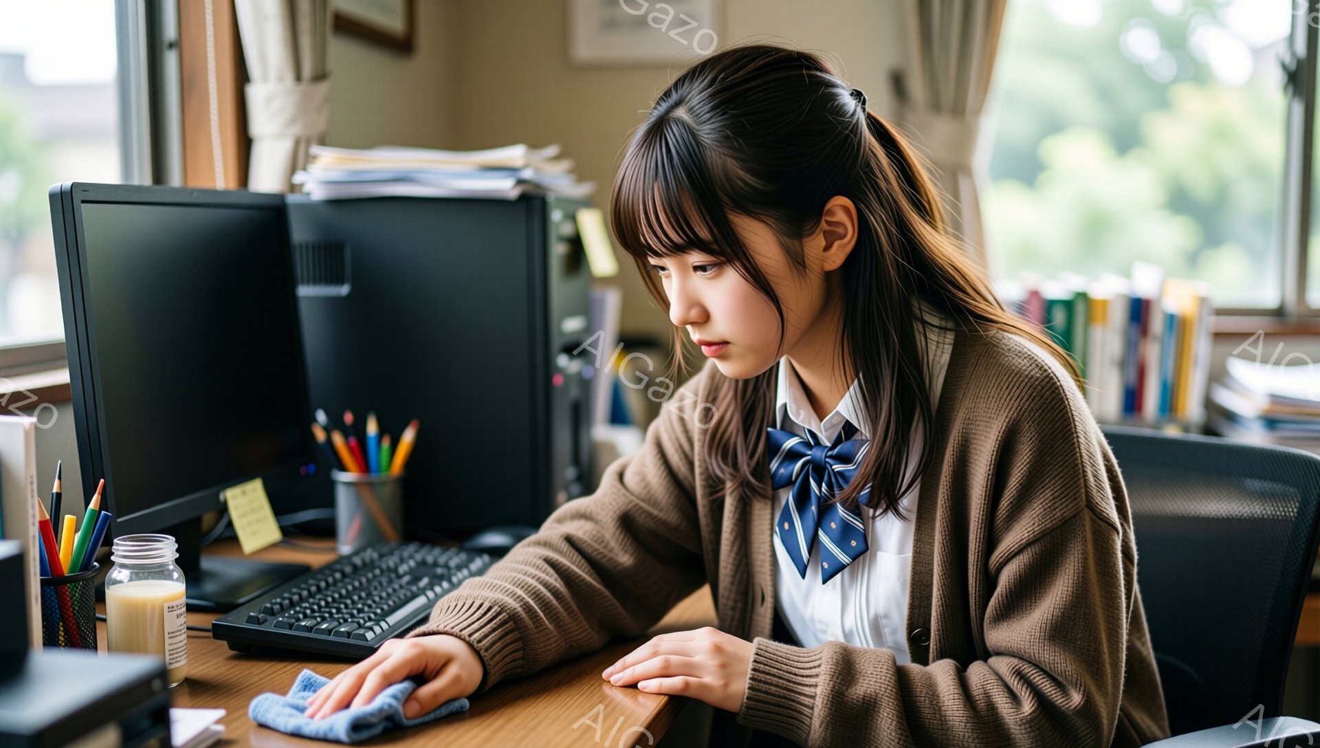 若い女性が机の前に座り、パソコンのキーボードを拭いています。彼女は茶色のカーディガン、白いシャツ、ネイビーのネクタイを着ており、長い髪は肩にかかるように下ろされています。背景には本棚、ペン立て、そして窓から差し込む光が見え、落ち着いた学習や仕事の空間を暗示しています。