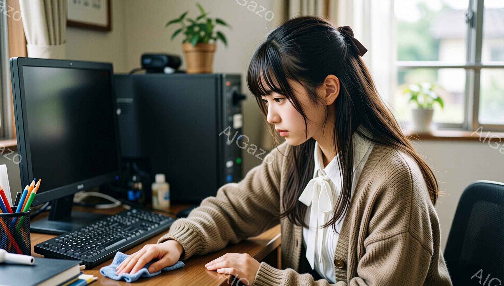 若い女性がコンピューターのキーボードを拭きながら座っています。ベージュのセーターに白いブラウス、髪は後ろでまとめられ、真剣な表情をしています。背景には木製の机、パソコン、植物、そして窓から見える建物と自然が見え、全体的に落ち着いた雰囲気です。