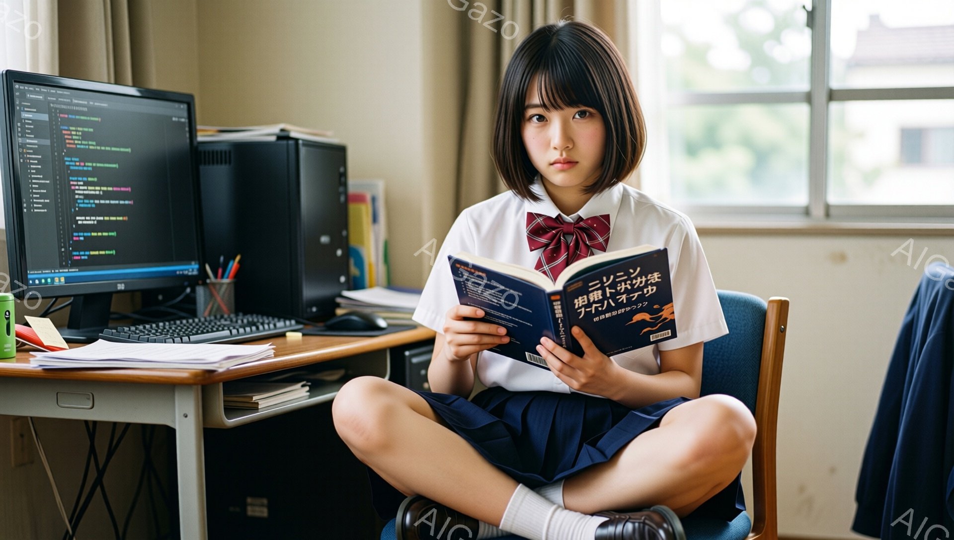 制服を着た若い女性が、椅子に座って本を読んでいます。彼女は黒髪のショートヘアで、少し真剣な表情をしています。背景にはコンピューターと書類が散らばっており、窓の外には建物が見えます。