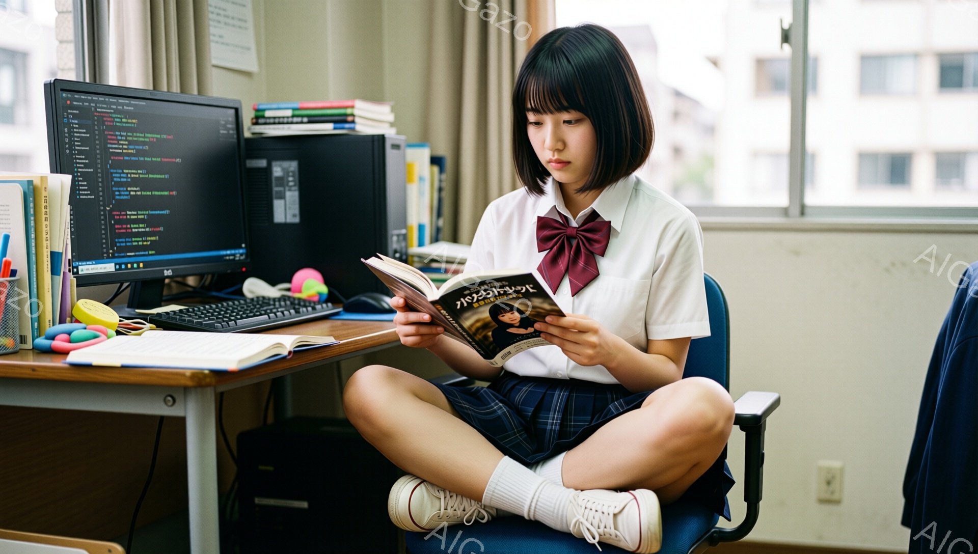 明るい色の制服を着た若い女性が椅子に座って本を読んでいます。彼女は膝を曲げて足を組んでおり、白いブラウスにネクタイ、紺色のスカート、白い靴下とスニーカーを履いています。背景にはコンピューター、本、文房具が散らばった机があり、窓からは都市の風景が見えます。