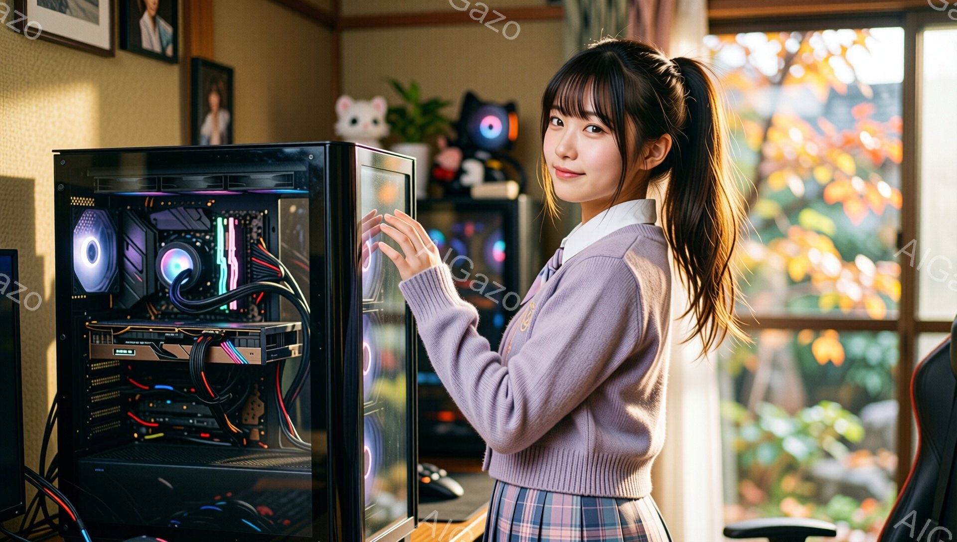 若い女性が自作のPCケースの横に立っており、笑顔でケースを見つめています。彼女はピンクのセーターとチェック柄のスカートを身に着け、髪はポニーテールに結ばれています。背景には、緑豊かな植物やPC周辺機器 - AI生成フリー素材