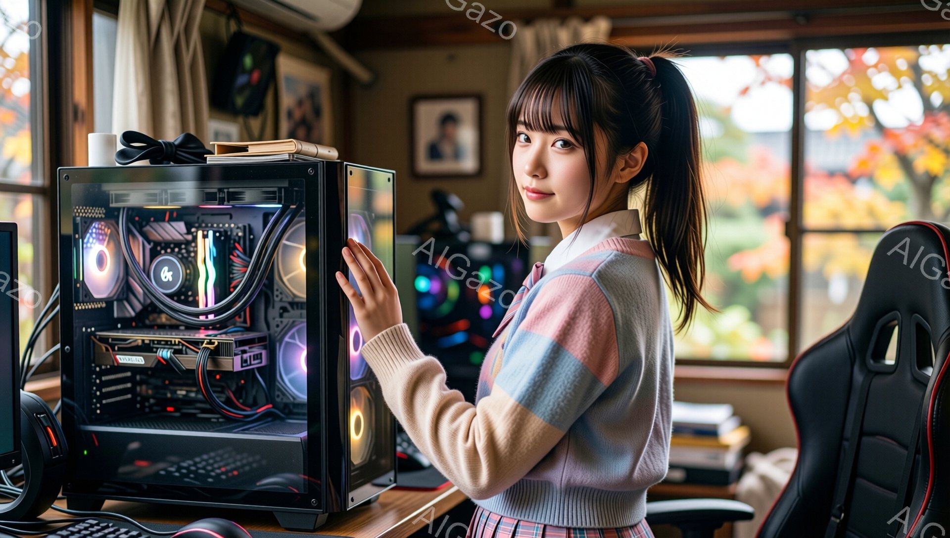 若い女性が自作PCの横に立っており、クリーム色のケーブル編みセーターとチェック柄のスカートを身に着けている。彼女は長い黒髪を後ろで束ねており、微笑んでカメラを見ている。背景には、ゲーミングチェア、モニ - AI生成フリー素材