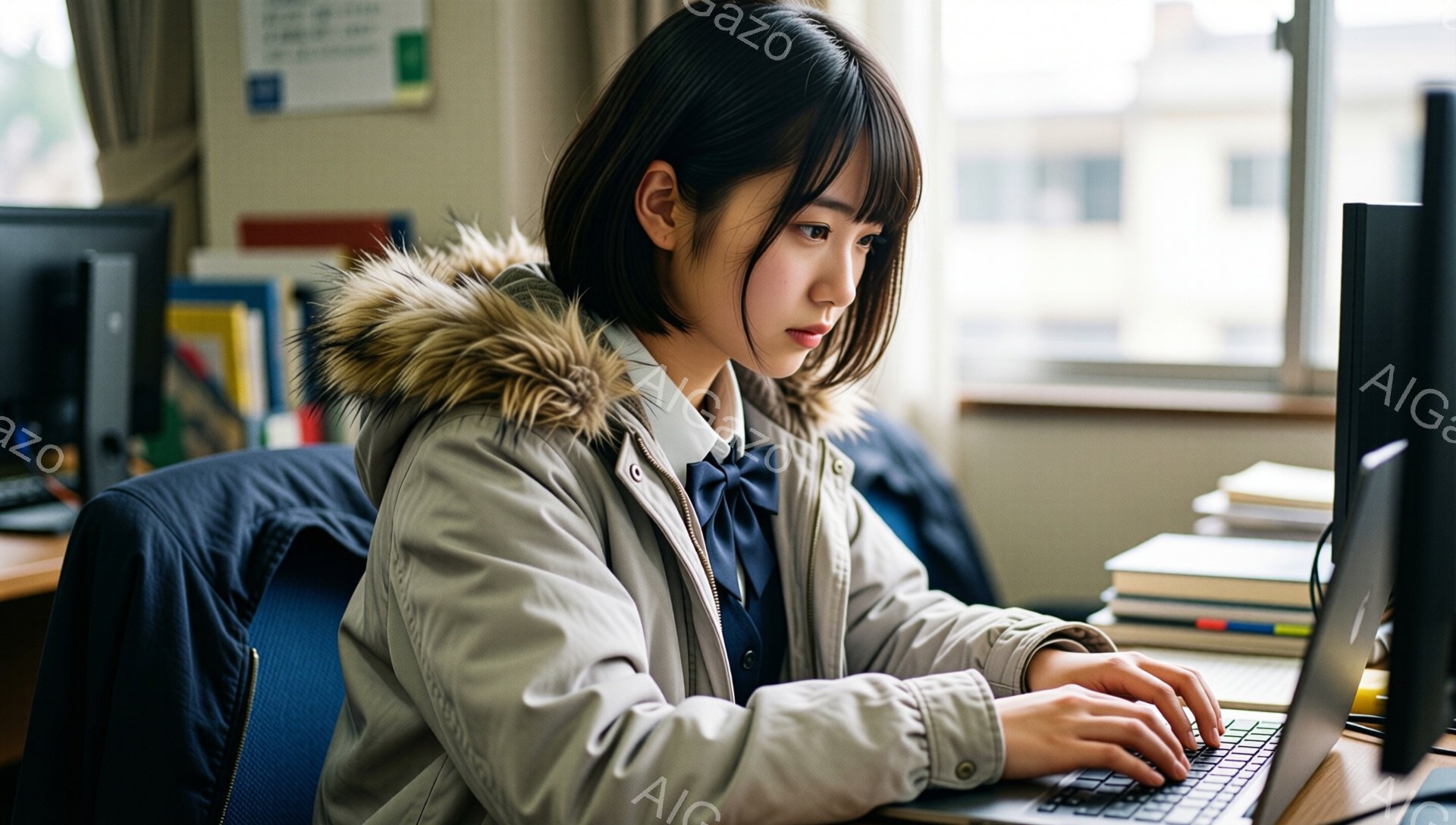 学生服にベージュ色のフード付きジャケットを着た若い女性が、ノートパソコンを使ってタイピングしている。彼女は黒髪で、前髪が目にかかるようにカットされている。背景には、本棚や他のコンピューター、そして窓の外には建物が見え、教室のような環境であることがわかる。