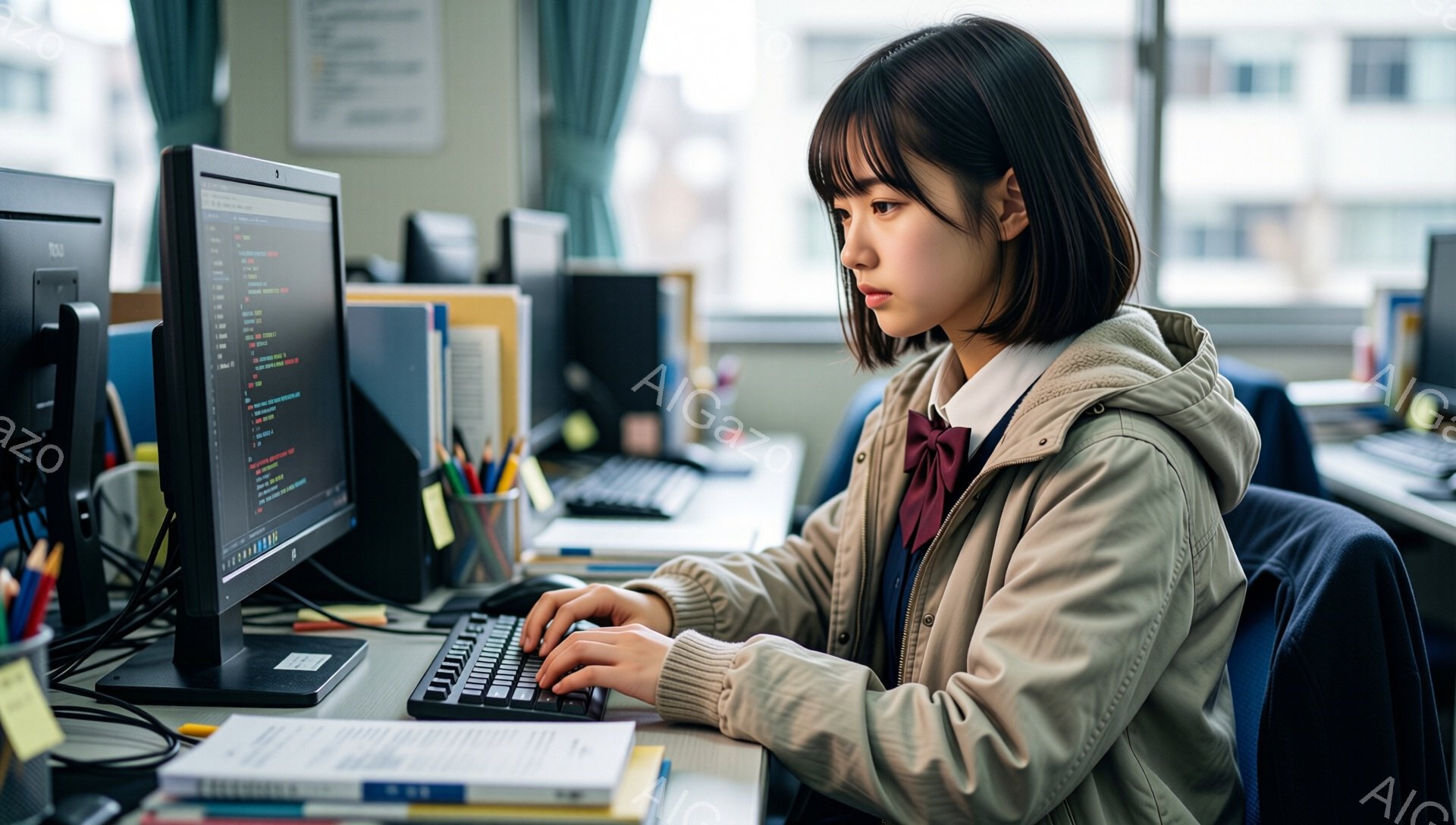 若い女性がコンピューターの前でタイピングしている。彼女は短い茶色の髪で、白いシャツにネイビーのセーター、そしてベージュのジャケットを着ている。背景には他のコンピューターとオフィス環境が見え、集中して作業に取り組んでいる様子がうかがえる。