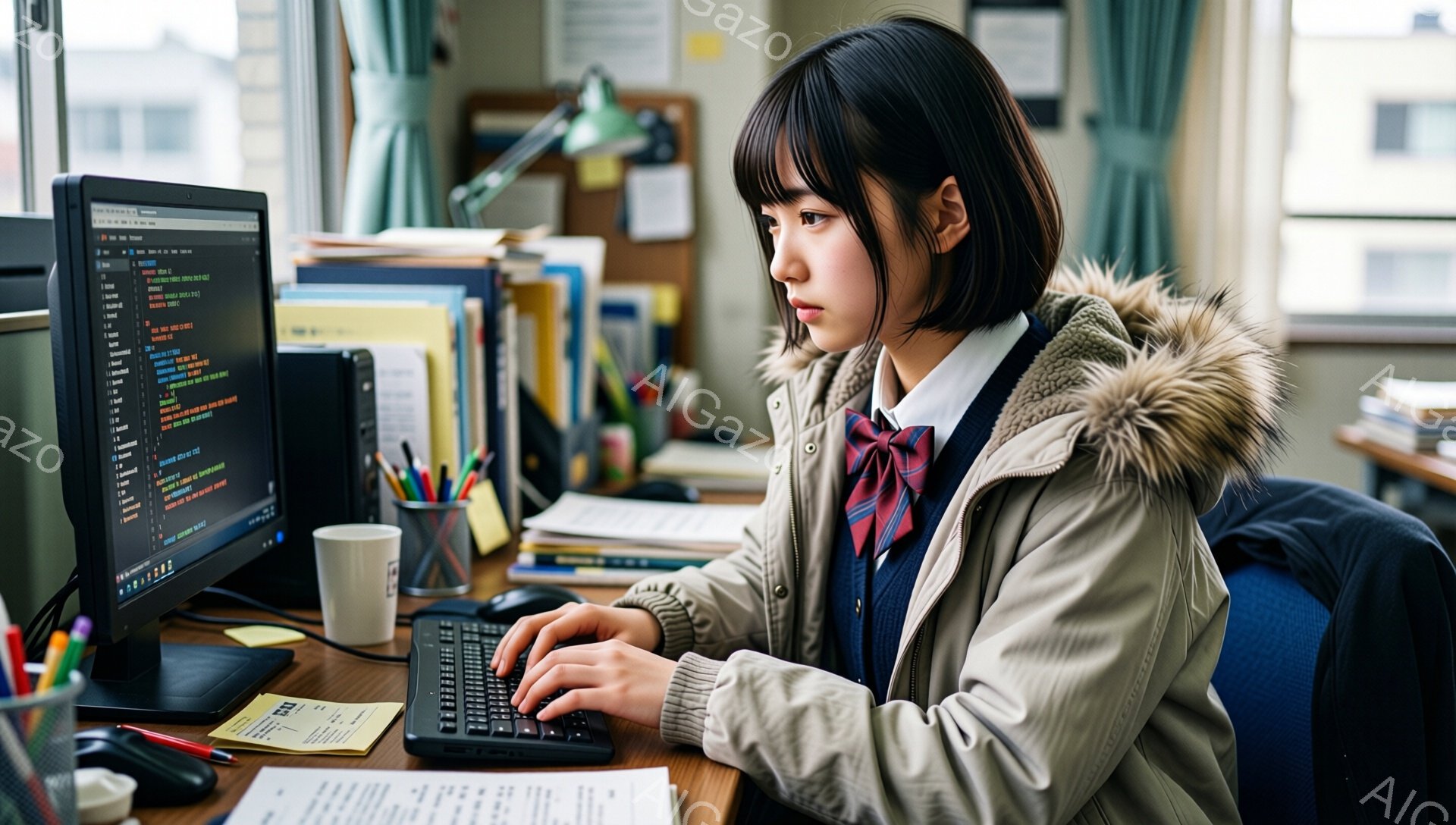 制服に茶色のジャンパーを羽織った女子高生が、パソコンの前に座ってキーボードを操作している。彼女は黒髪のショートヘアで、少し眉間にしわを寄せ、画面に集中した表情をしている。背景には本や文房具が散乱し、学習机で勉強している様子が伺える、落ち着いた雰囲気の部屋だ。