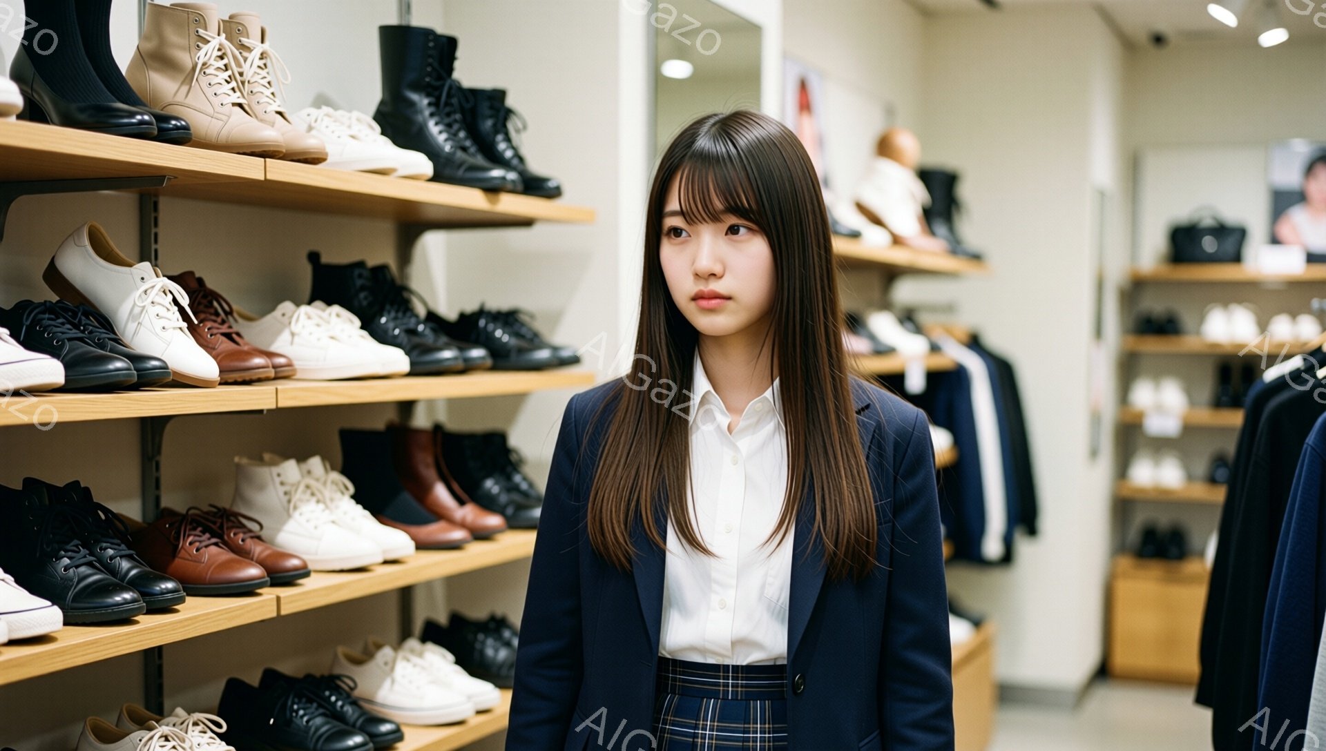 長い茶色の髪で前髪が目の上まである若い女性が、白いシャツ、ネイビーのブレザー、チェック柄のスカートを着用して立っている。彼女はやや厳しい表情で、まっすぐ前を見つめている。背景には、様々な靴が並んだ棚と、ハンガーにかけられた服が見え、店内の様子であることがわかる。