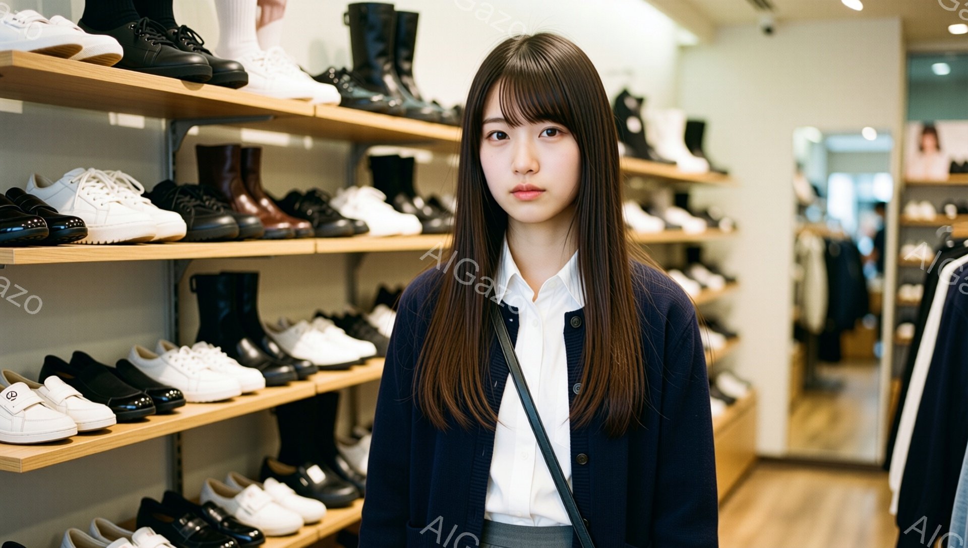 長い茶色の髪をセンターパートにした若い女性が写っている。紺色のカーディガンと白いシャツ、グレーのスカートを着用し、肩に斜めがけのバッグをかけている。背景には靴が並んだ棚があり、店内であることがわかる。 - AI生成フリー素材