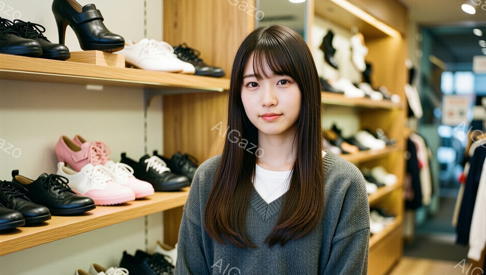 長い黒髪で、前髪は眉毛にかかるくらいに整えられた女性が写っています。グレーのセーターに白いインナーを合わせ、リラックスした表情でカメラを見ています。背景には靴が並んだ棚があり、店内の様子であることがわかります。