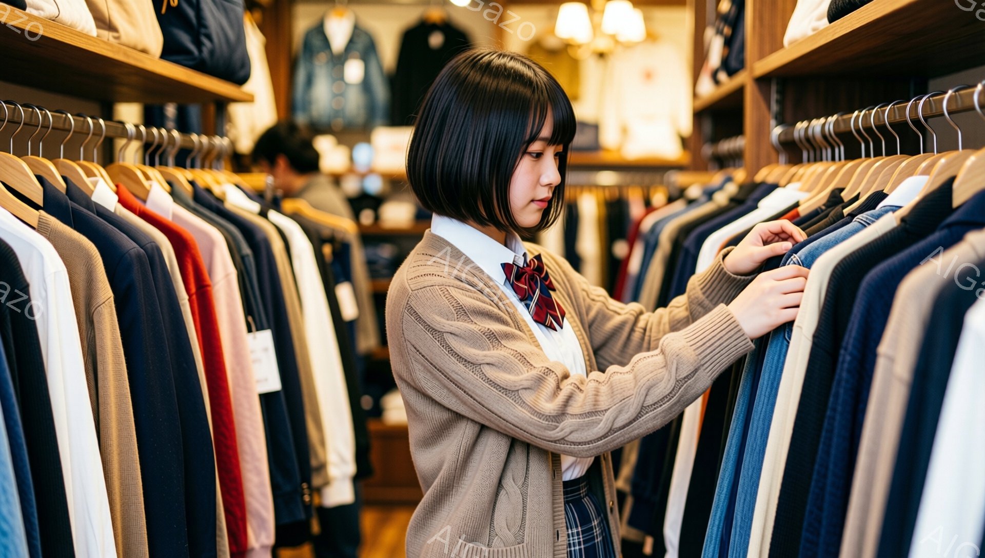 茶髪のショートボブヘアの若い女性が、店内のハンガーにかかった服を選んでいる。彼女は白いシャツにネクタイ、ベージュのカーディガン、チェック柄のスカートを着用し、真剣な表情で濃い色のシャツを手に取って確認している。背景には様々な色のシャツが並び、薄暗い照明が暖かく落ち着いた雰囲気を醸し出している。
