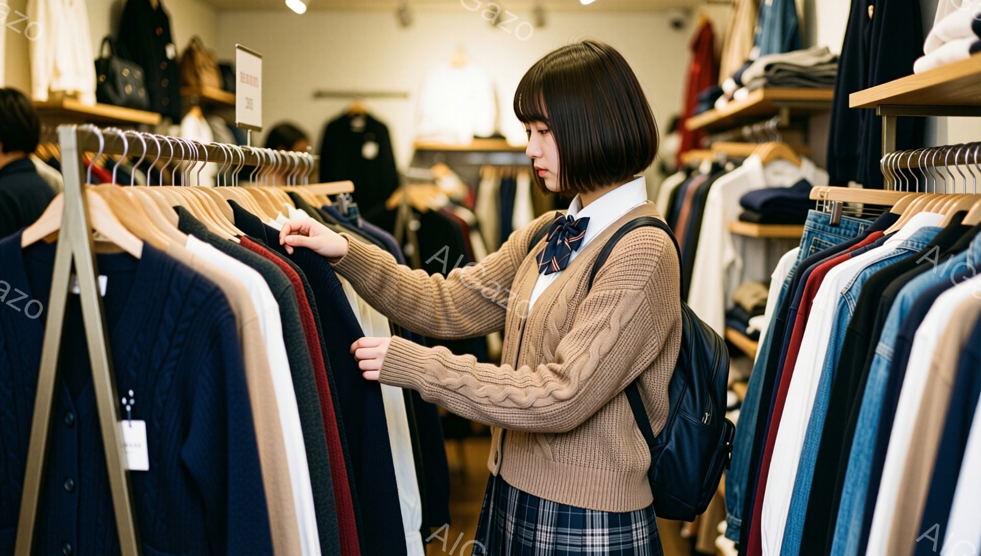 画像には、服をチェックしている女子高生が写っています。彼女は茶色のカーディガン、白いシャツ、チェック柄のスカート、そしてリュックサックを身に着けており、真剣な表情で服を選んでいます。背景には、様々な色の洋服が並んだハンガーが多数あり、店内の様子が伺えます。
