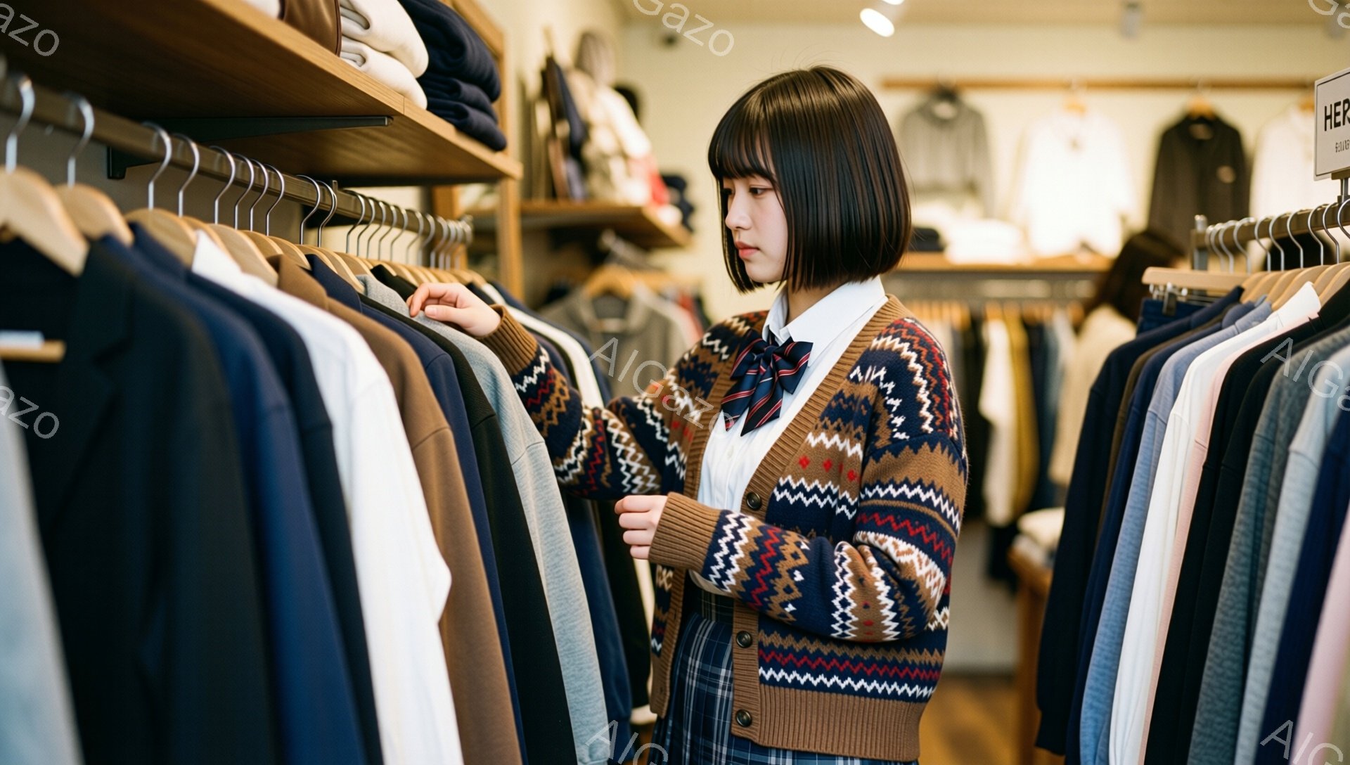 茶髪のボブヘアの女性が、紺色やベージュの服が並んだ衣料品店で服を選んでいます。彼女は白いシャツにチェック柄のスカート、ケーブルニットのカーディガンを着ており、真剣な表情でハンガーに掛けられた服を眺めて - AI生成フリー素材