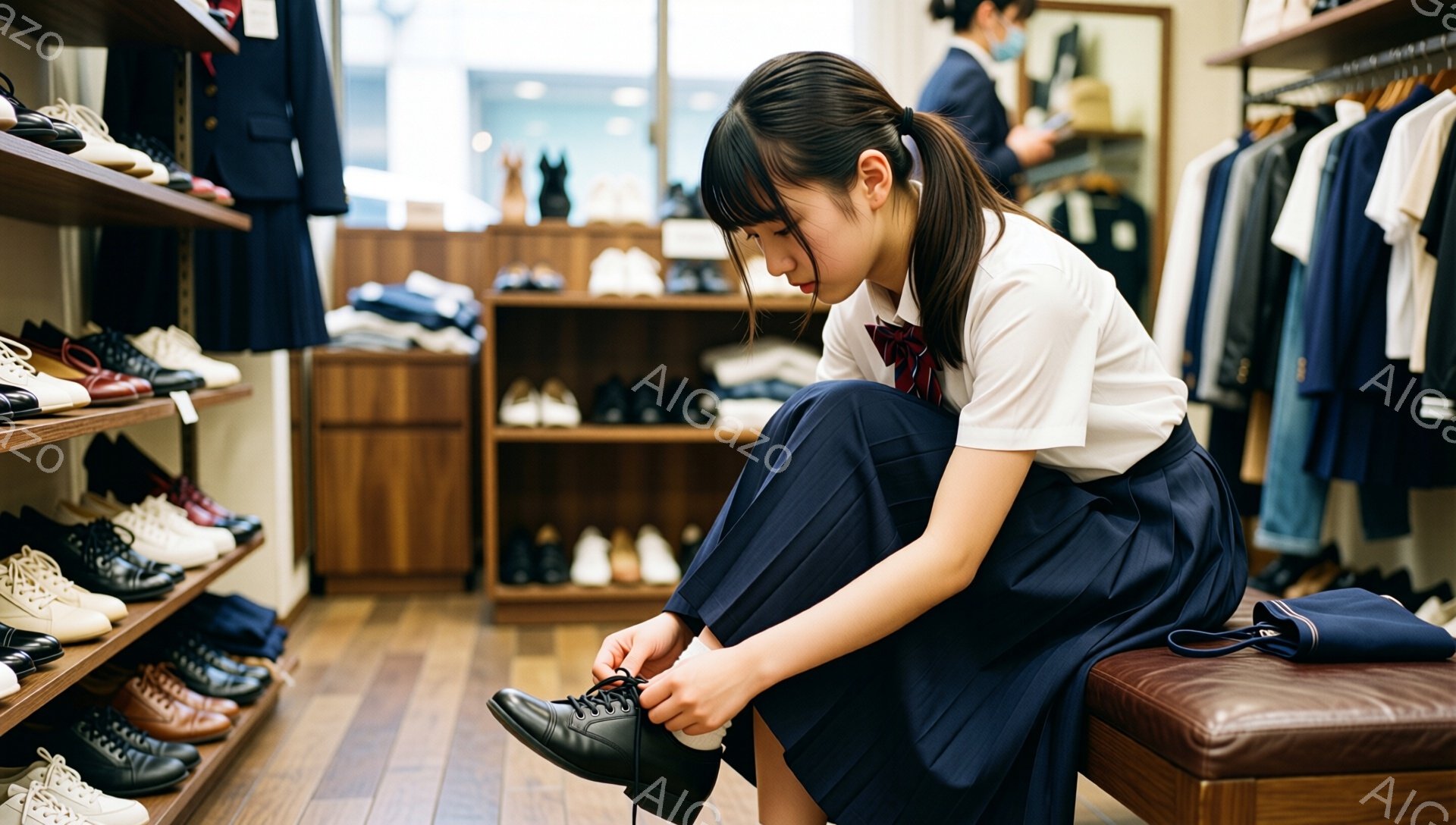 画像には、紺色のプリーツスカートと白いブラウスを着た女子高生が、革靴の紐を結んでいます。彼女は茶色のベンチに座っており、少しうつむき加減で集中した表情をしています。背景には、整然と並べられた靴や洋服が並び、お店の中の様子であることがわかります。