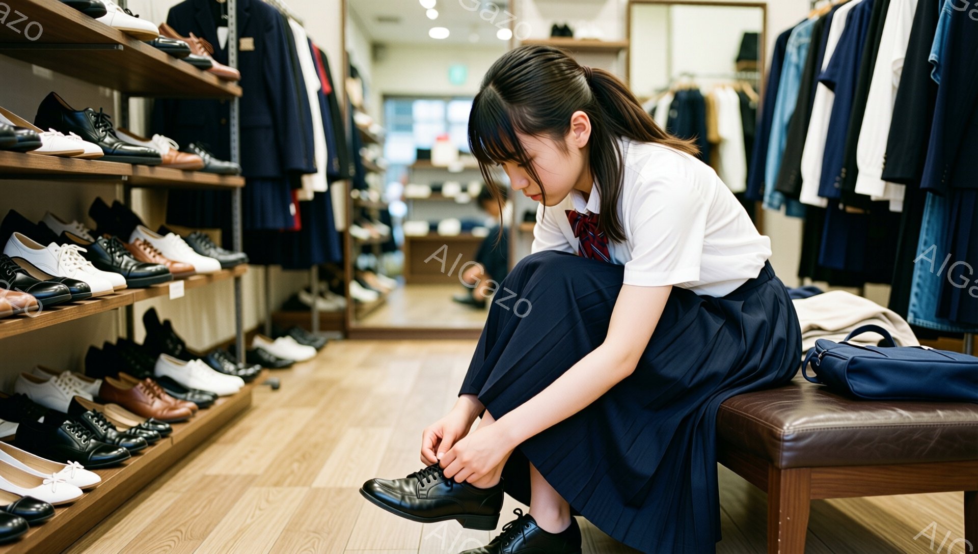 画像は、制服を着た女子学生が靴を履いている様子を捉えています。彼女は白いシャツにリボン、濃い青色のプリーツスカートを着用し、黒い革靴を丁寧に結んでいます。背景には靴が並んだ棚と、ハンガーに掛けられた洋服が映り込み、店内の落ち着いた雰囲気が伝わってきます。