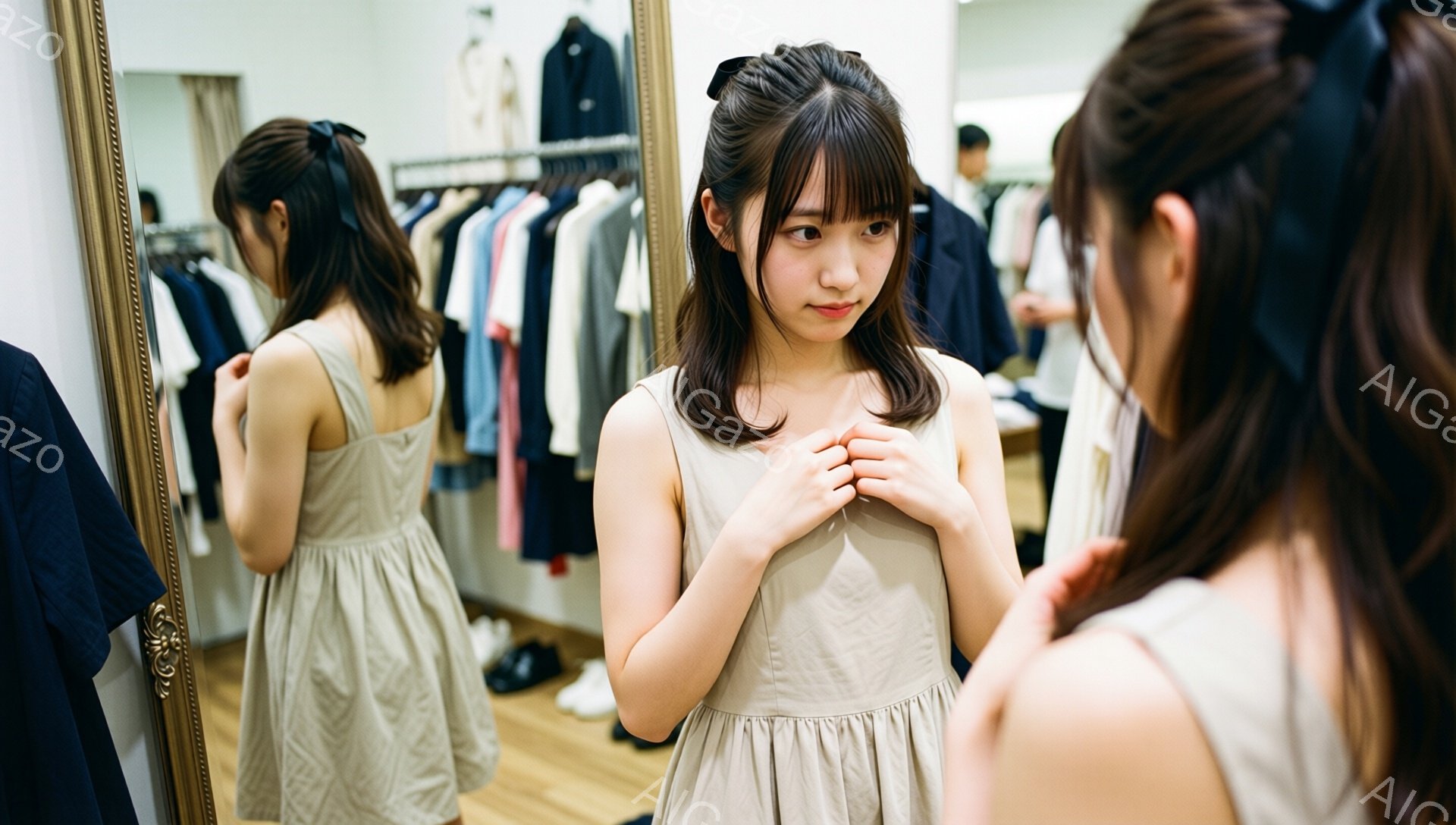 若い女性が試着室でベージュ色のワンピースを着て鏡を見ている。彼女は前で両手を重ねて、少し不安そうな表情をしている。背景にはハンガーに掛けられた服が並び、明るい室内でショッピングを楽しんでいる様子が伺える。