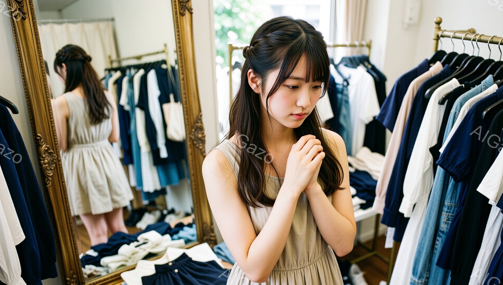 浅いベージュ色のワンピースを着た若い女性が、鏡の前で両手を合わせて何かを考えている様子が写っている。彼女はロングヘアで、前髪が目に少しかかるようにカットされている。背景には服が並んだラックがあり、室内であることがわかる。