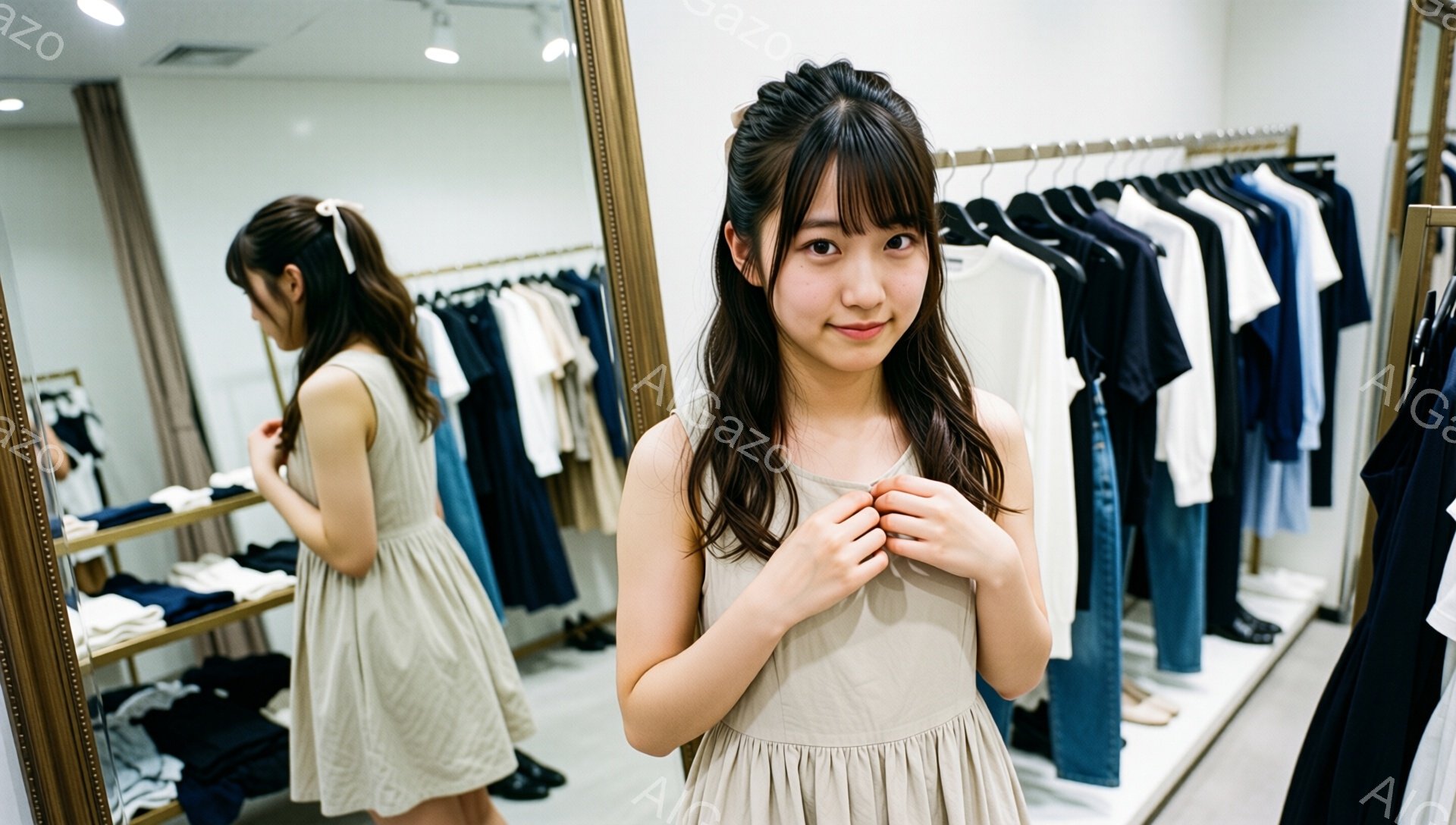 画像には、ベージュ色のキャミソールワンピースを着た若い女性が写っています。彼女は微笑み、両手を胸の前で組み、やや前かがみの姿勢で鏡を見つめています。背景には、ハンガーにかけられたさまざまな色の服が並び、試着室のようなお店の様子がうかがえます。
