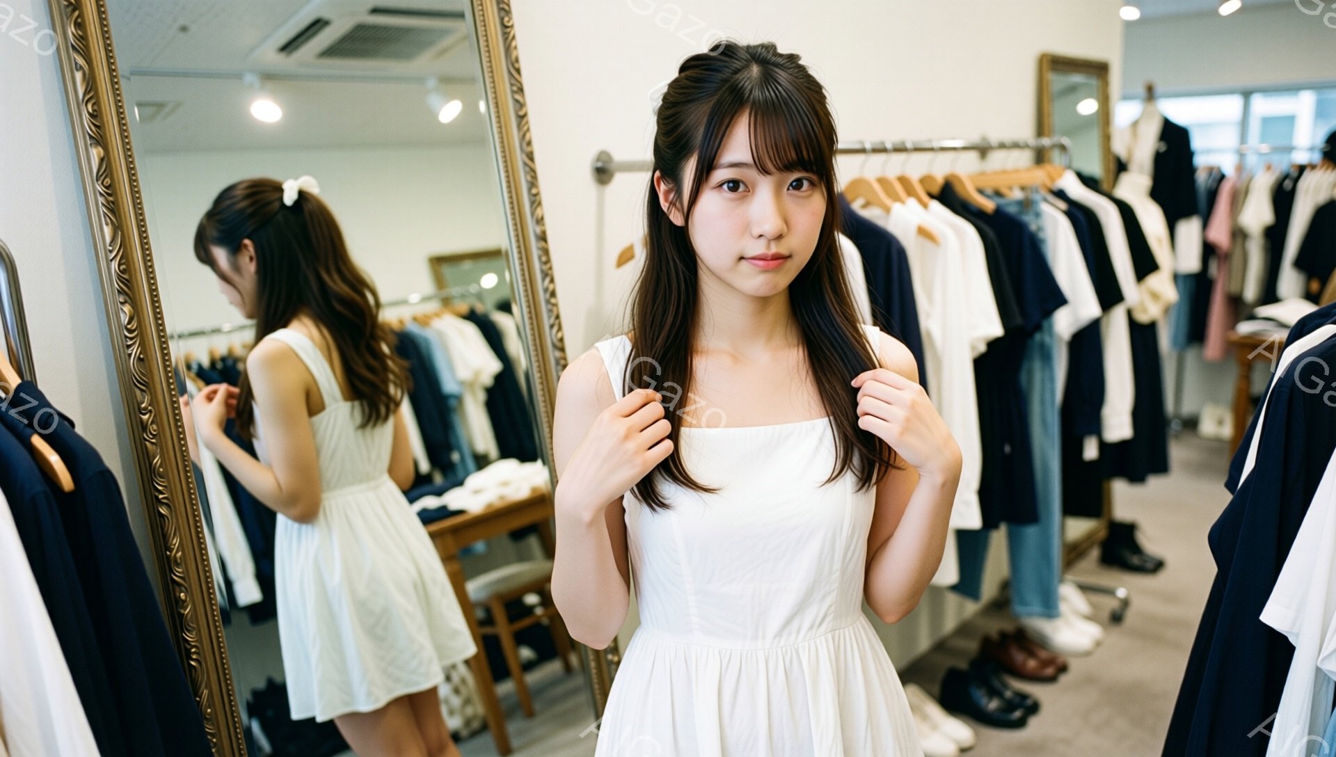 白いワンピースを着た若い女性が、鏡の前でポーズをとっています。彼女は髪を軽くカールさせ、前髪を少しふんわりとさせており、控えめな笑顔を浮かべています。背景には、様々な洋服が並んだ衣料品店があり、試着室 - AI生成フリー素材