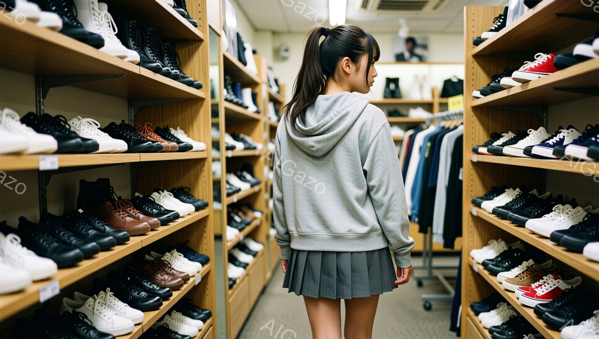 画像には、棚に並んだたくさんのスニーカーに囲まれた若い女性が写っている。彼女はグレーのパーカーとプリーツスカートを身に着け、後ろ姿で、髪は後ろでポニーテールにまとめられている。背景はスニーカーや洋服が並んだ店舗の内部で、整然としたがら明るく清潔な雰囲気が漂う。
