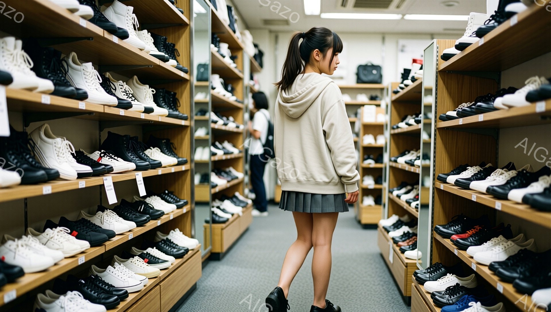 画像には、スニーカーが並んだ棚の間に立つ女性が映っています。彼女はベージュ色のパーカーとグレーのプリーツスカートを着用し、髪は後ろでポニーテールにまとめています。背景はスニーカー店内の様子で、整然と並べられたスニーカーが壁一面に広がっています。