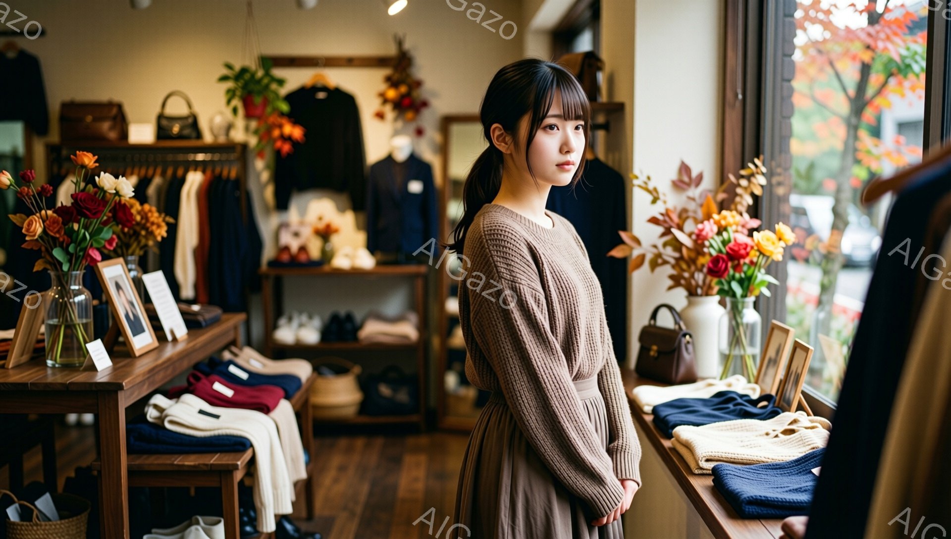 茶色の長袖のニットを着た若い女性が、店舗の中で立っている。彼女は髪を後ろで一つにまとめ、少し物憂げな表情をしている。店内は木製の棚やディスプレイが暖かく、秋らしい花が飾られており、落ち着いた雰囲気が漂っている。