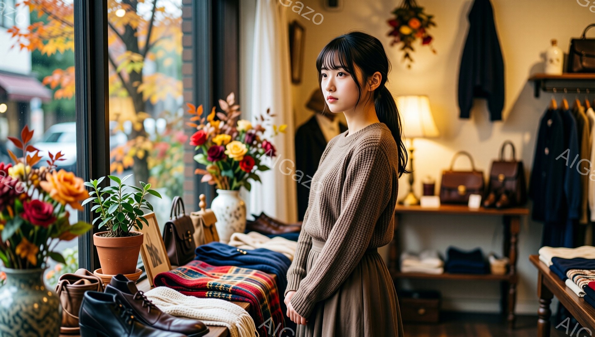 画像には、茶色のニットワンピースを着た若い女性が写っています。彼女は髪を後ろでポニーテールにしており、やや物憂げな表情をしています。背景には、花、バッグ、服が並んだ店内の様子が見え、温かく穏やかな雰囲気が漂っています。