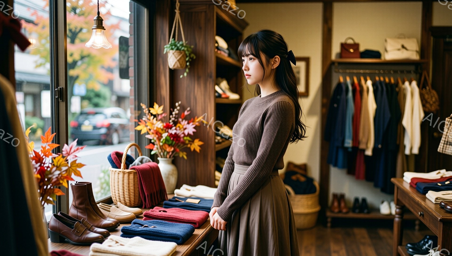 画像は、窓辺に立つ若い女性を捉えています。彼女は茶色のリブニットとロングスカートを身につけ、髪は後ろで結ばれており、顔にはわずかな微笑みが浮かんでいます。背景には、ブーツやニットが並んだ店内の様子が見 - AI生成フリー素材