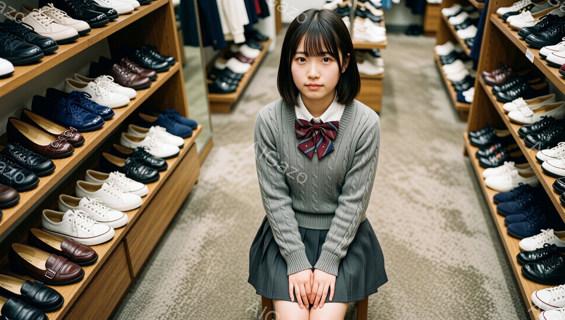 画像には、制服を着た若い女性が写っています。彼女はグレーのセーター、白いシャツ、そして赤い縞模様のネクタイを身に着け、膝を揃えて座っています。背景には、様々な種類の靴が並んだ棚が左右に伸びており、店内の様子がうかがえます。